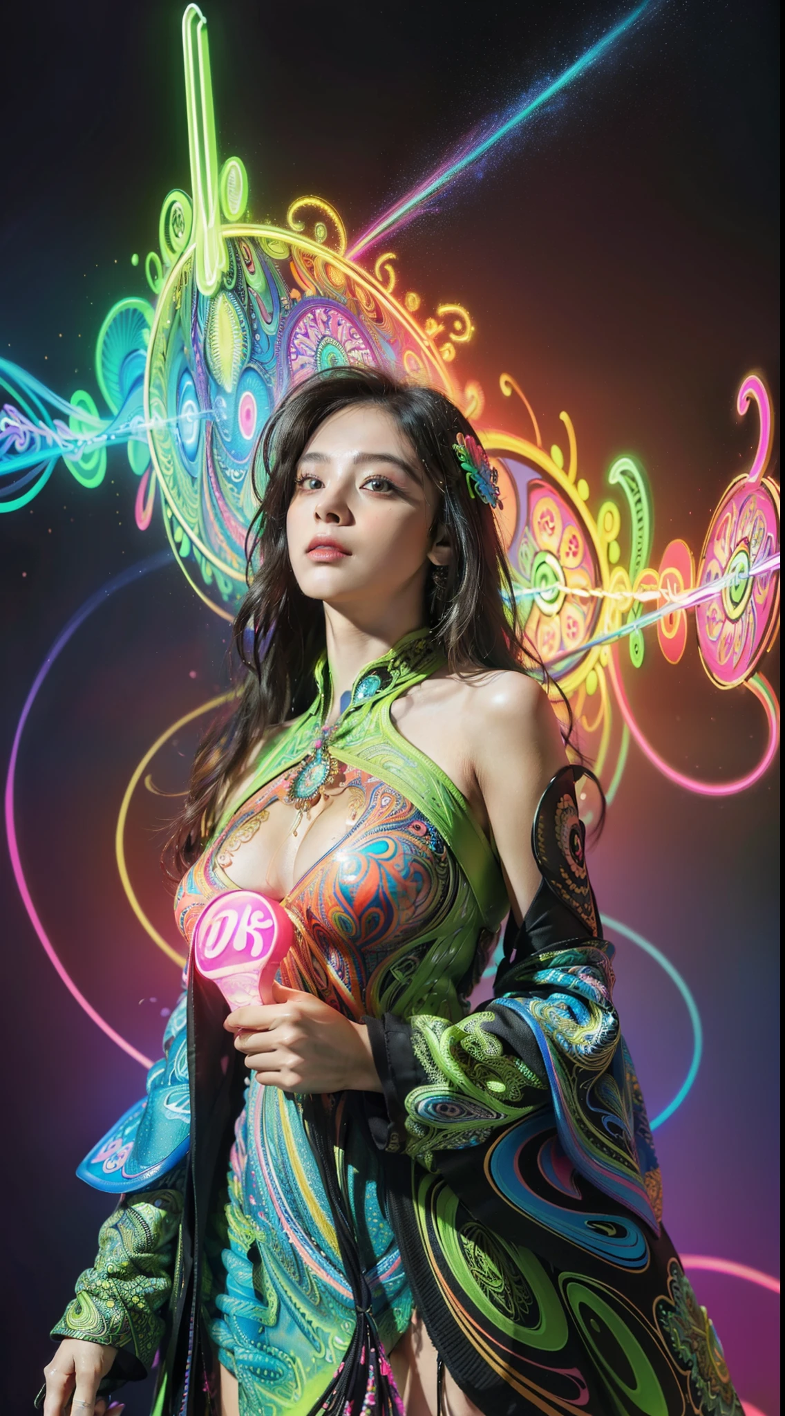 (masterpiece, top quality, best quality, official art, beautiful and aesthetic:1.2), (1girl:1.3), extremely detailed,(fractal art:1.2),colorful,highest detailed,( zentangle neon:1.2), (dynamic pose), (abstract background neon:1.5), (treditional dress:1.2), (shiny skin), (many colors:1.4), upper body ,Neon,16K,Full HD