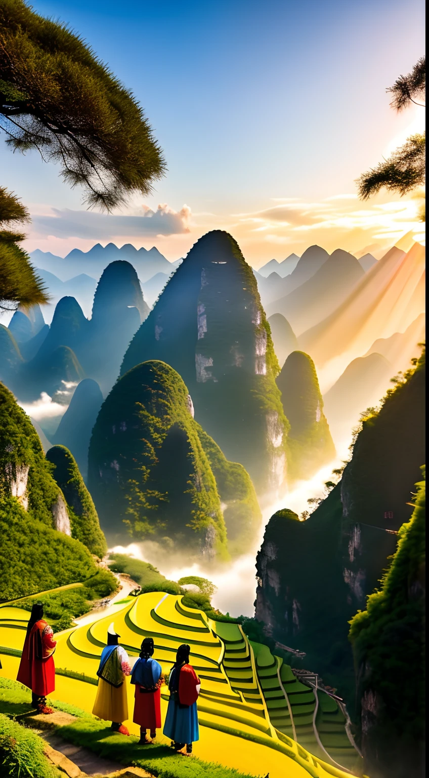 A group of Zhuang men and women in costume stand in Alafid view on the mountain,The background is the valley, radiant morning light, Guangxi Tian, etc, rice, Breathtaking landscapes, breathtaking landscape, ( Visually stunning, beautifully lit landscape, Stunning scenery, Incredibly beautiful, Beautiful scenery, natural morning light, golden morning light, sunrise light, Stunning landscape, ricefield, Chinese landscape