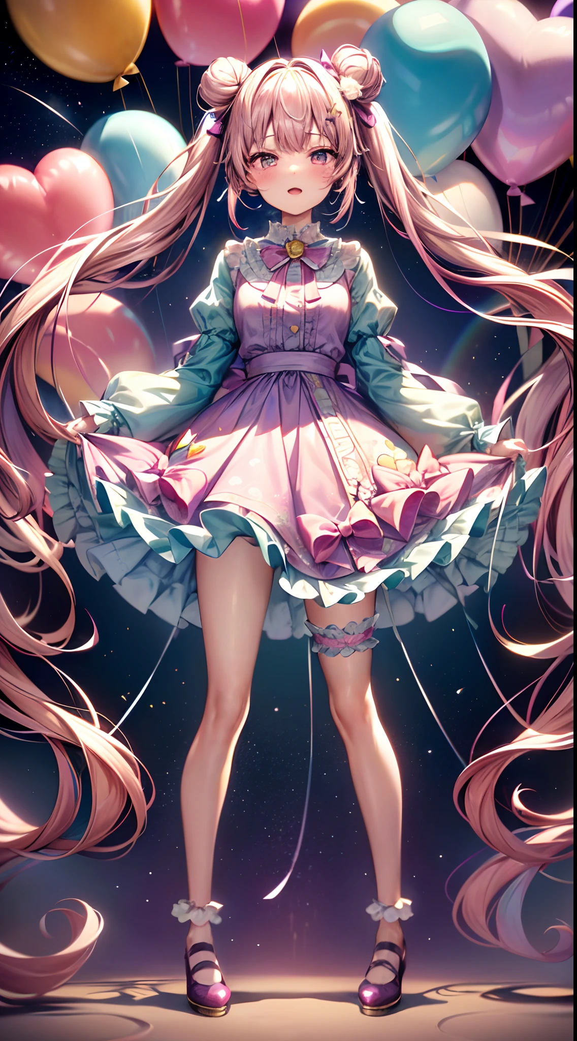(fullbody, legs and shoes visible: 1.2)) expressive eyes, 1girl, pale skin, long hair, windblown hair, ((absurdly long hair)), long sidelocks, hime bangs, hair fringe, hair bun, ((very long twintails)), iridescent hair, light pink hair, blushing, full face blushing, big sparkling pastel purple eyes, (gradient eyes), open mouth smile, cute pose, ((holding balloons : 1.3))
((cute and pastel fashion)) ((🦄🎠🎈🎉 theme : 1.4)) flowy pastel dress, ((dreamy multicolored open dress)), (floating ribbons), lavender ruffles, pink frills, (light blue lace), detached short sleeves, puffy skirt, ((rainbows and stars print skirt : 1.3)), lolita skirt, purple bows, ((pompon ribbons hair ornament : 1.4)), multiple bows, striped lace stockings, (heart shaped leg garter), cute (pastel purple) shoes ((hyperdetailed clothing and fashion)) looking at you, vintage girl, blushing, (beautiful detailed eyes), (extremely detailed CG unity 8k wallpaper) (best shadow), ((an extremely delicate and beautiful)), (detailed light), ((depth of field)) big head, big sparkling eyes, moe, splash art, cinematic lighting, frontal view, volumetric lighting maximalist photo illustration 64k resolution high res intricately detailed complex key visual precise linear
((in the dreamy pastel sky background, surrounded by sunset clouds, shooting stars, castles in the clouds)) ((hyperdetailed scenery, foggy clouds, suspended by balloons, hearts : 1.3))