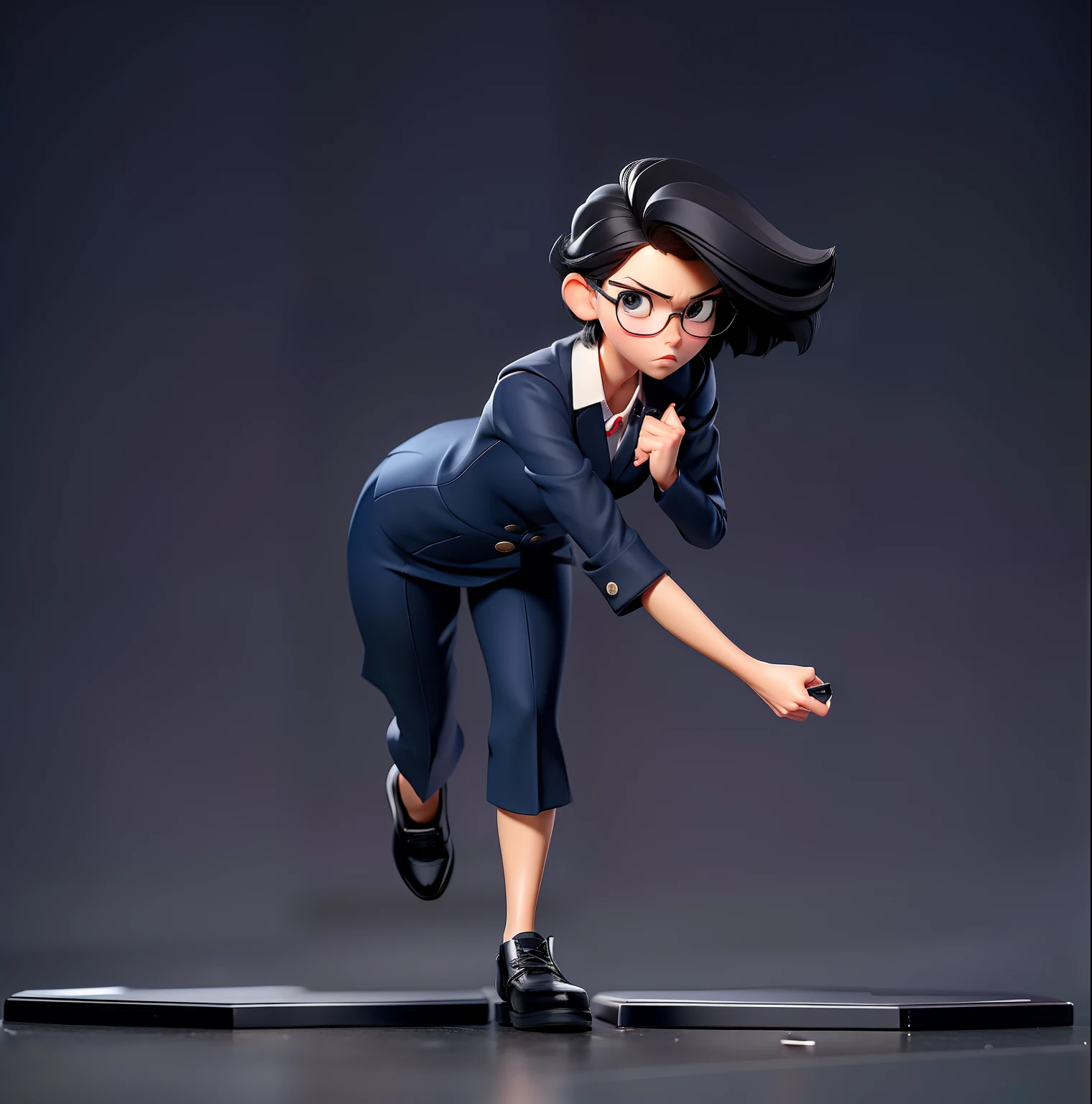 25-years old、Standing alone、(Altruistic banker woman)、((Bank Employee Dark Navy Uniform))、Short-cut black hair、(Throw a wad)、(Veteran Hero)、full body Esbian、Dozikko、(eye glasses)、Throwing an object