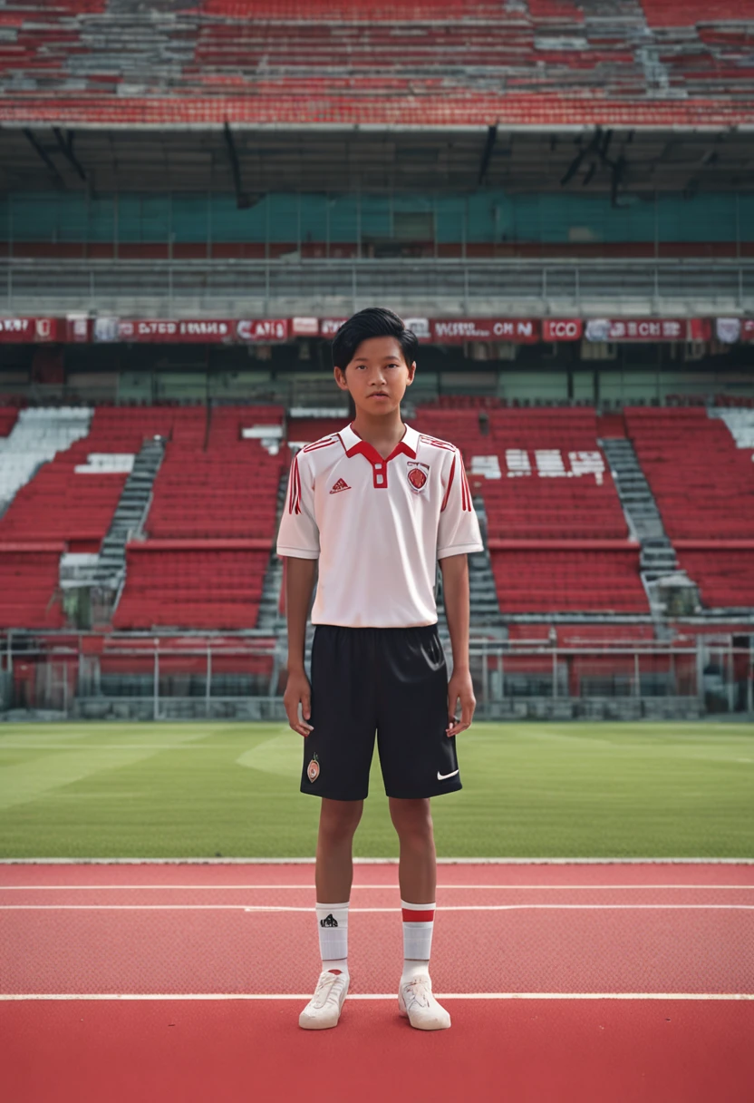One wears the number 7 shirt of the Portuguese national team and is height 1.A 75-meter Chinese boy poses for a sports photo on the court,Running with a football,Full body photo,Full body photo,Full body photo,The background is the real Old Trafford football stadium,Cinematic sense of color,
Ultra Realistic Photo, 8K quality, Full-HD