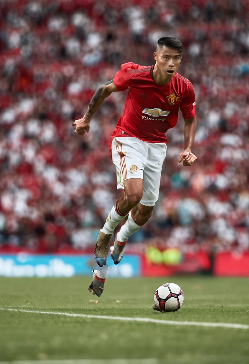One wears the number 7 shirt of the Portuguese national team and is height 1.A 75-meter Chinese boy poses for a sports photo on the court,Running with a football,Full body photo,Full body photo,Full body photo,The background is the real Old Trafford football stadium,Cinematic sense of color,
Ultra Realistic Photo, 8K quality, Full-HD