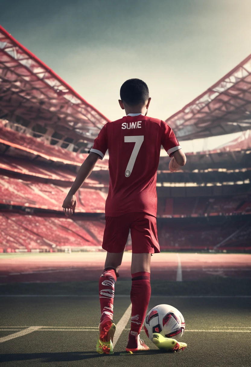 One wears the number 7 shirt of the Portuguese national team and is height 1.A 75-meter Chinese boy poses for a sports photo on the court,Running with a football,Full body photo,Full body photo,Full body photo,The background is the real Old Trafford football stadium,Cinematic sense of color,
Ultra Realistic Photo, 8K quality, Full-HD