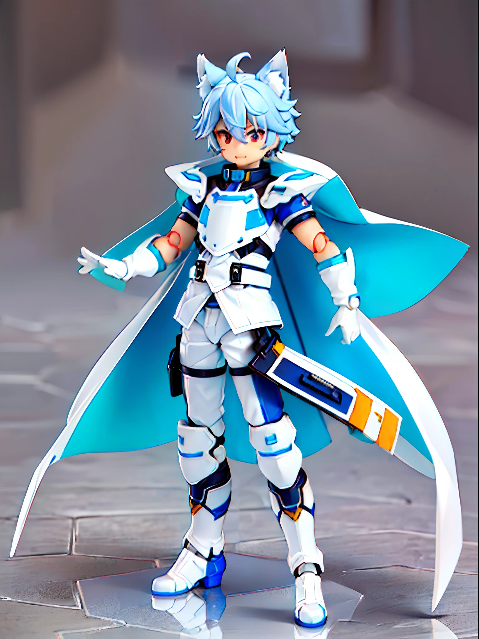 ((younge boy)), Wolf ears, Locomotive goggles, Silver dye,Blue dye,White all-in-one mech set,White armored gloves, Racing boots, ,tchibi, blindbox,Clay texture, Best quality,a 3D render, Best quality, Lots of detail, vinyl toy figurine