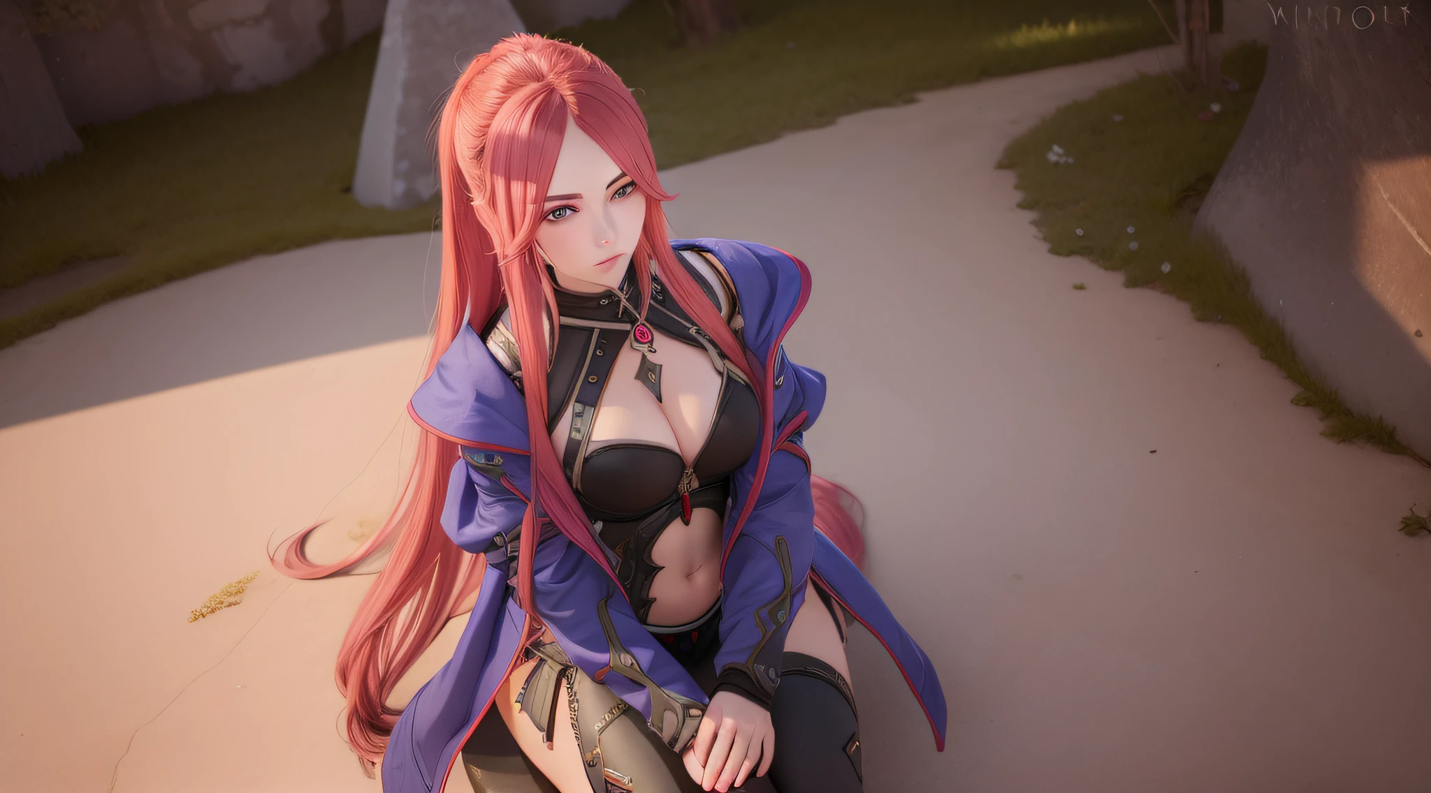 female, glaze, beauty, long hair, feminim, sit at ruin, holding a blade, wear battlesuite, photorealistic, masterpiece