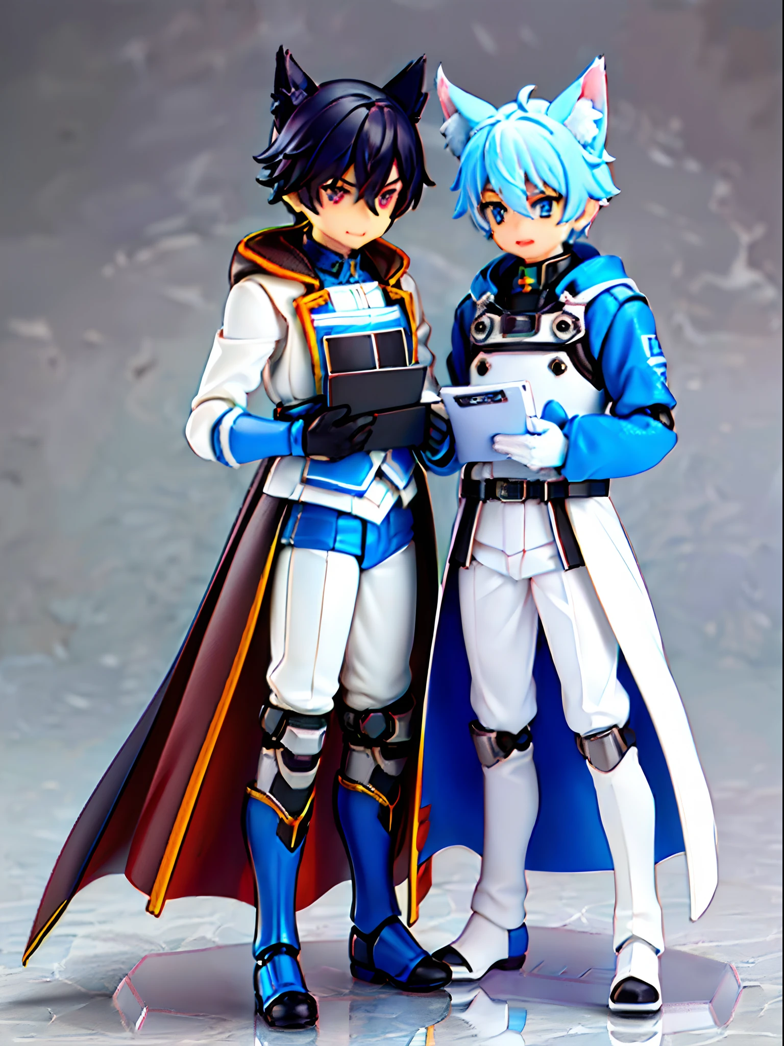 ((younge boy)), Wolf ears, Locomotive goggles, Silver dye,Blue dye,White all-in-one mech set,White armored gloves, Racing boots, ,tchibi, blindbox,Clay texture, Best quality,a 3D render, Best quality, Lots of detail, vinyl toy figurine