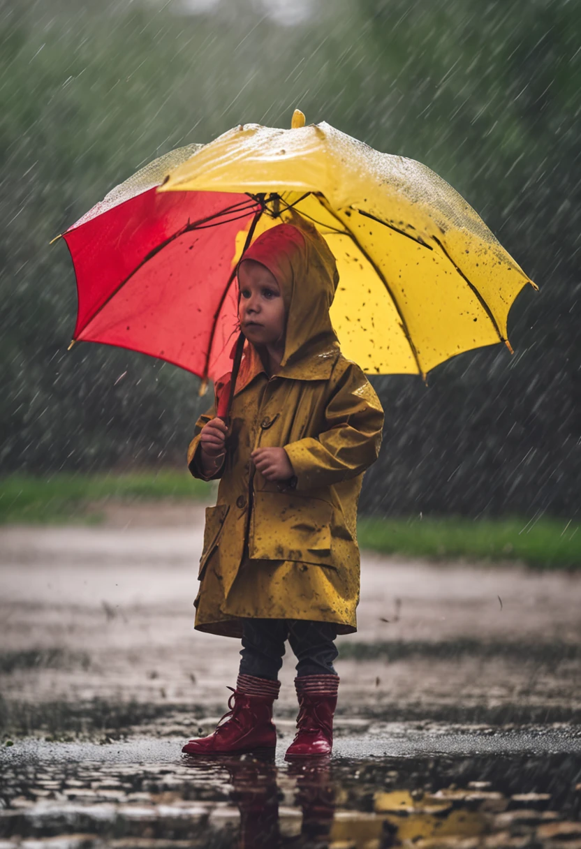 overcast day,There was light rain in the sky,A wears a long yellow raincoat,A hat with a raincoat on his head,Squat on the lawn of the park,Stick a mini umbrella into the dirt,Under the umbrella is a small red flower,the watercolor style,beautiful with detail,The picture is clean,Artistic quality