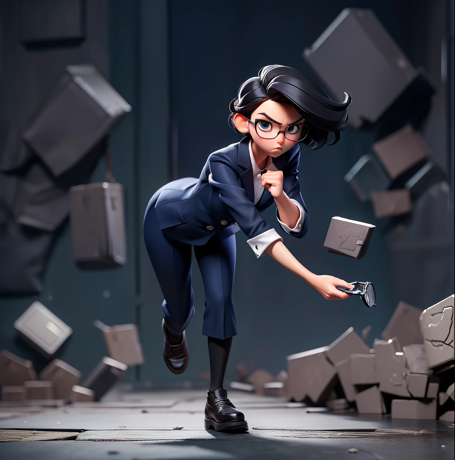 25-years old、Standing alone、(Altruistic banker woman)、((Bank Employee Dark Navy Uniform))、Short-cut black hair、(Throw a wad)、(Veteran Hero)、full body Esbian、Dozikko、(eye glasses)、Throwing an object