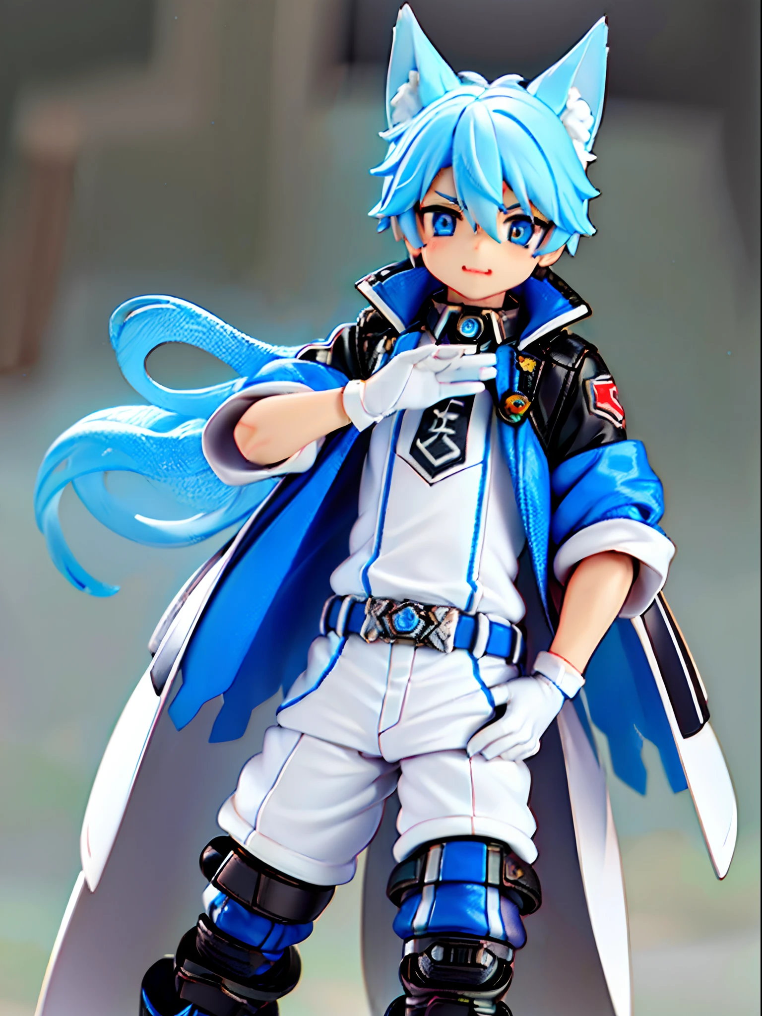 ((younge boy)), Wolf ears, Locomotive goggles, Silver dye,Blue dye,White all-in-one mech set,White armored gloves, Racing boots, ,tchibi, blindbox,Clay texture, Best quality,a 3D render, Best quality, Lots of detail, vinyl toy figurine