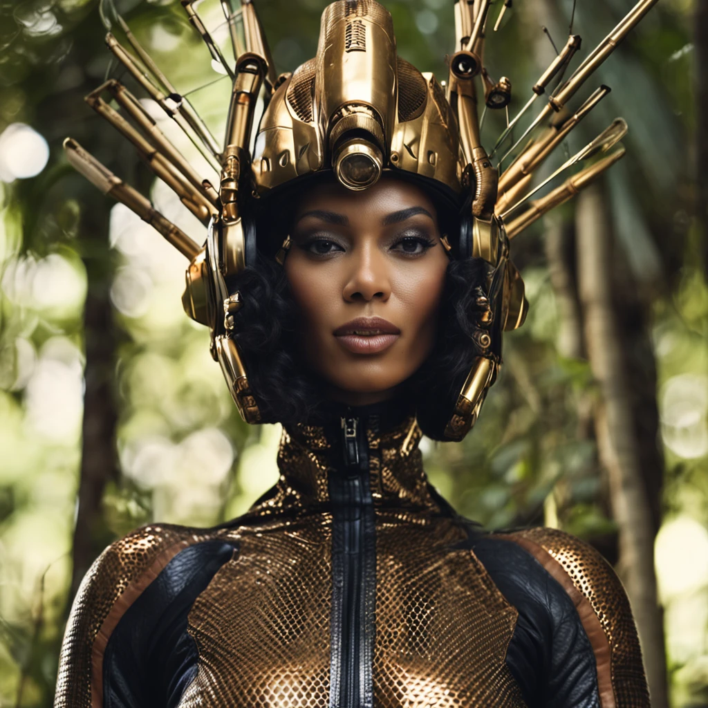 android, (bamboo forest:1), (Adult Spanish woman:1.6), (polyvinyl Jacket With Rivets:1.3), astro helmet (open zipper:1.5), (sexy:1.5), (erotic:1.5), (afro hairstyle:1.6), best quality, sunlight, detailed face, gorgeous eyes, realistic skin details, high quality, seen from below, translucent, (voluptuous:1.2), sensual, lascivious, dominant, romantic, high quality, film grain, Cinematic Light, sidelighting, sharp focus