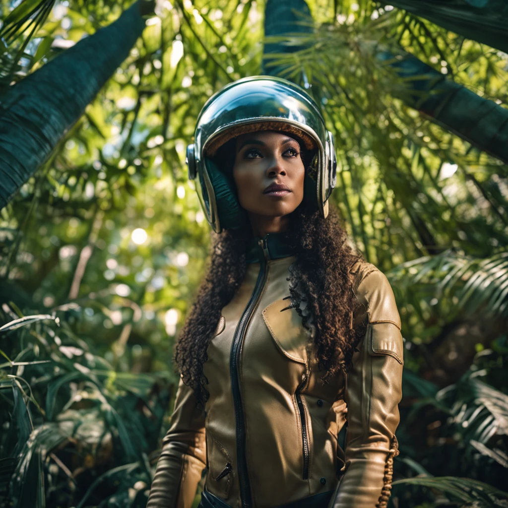 android, (bamboo forest:1), (Adult Spanish woman:1.6), (polyvinyl Jacket With Rivets:1.3), astro helmet (open zipper:1.5), (sexy:1.5), (erotic:1.5), (afro hairstyle:1.6), best quality, sunlight, detailed face, gorgeous eyes, realistic skin details, high quality, seen from below, translucent, (voluptuous:1.2), sensual, lascivious, dominant, romantic, high quality, film grain, Cinematic Light, sidelighting, sharp focus