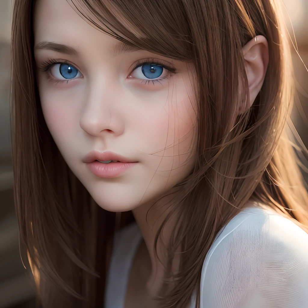 Best Quality, Masterpiece, (Realistic:1.4), 1 girl, brown hair, blue eyes, front, Detailed Face, Beautiful eyes