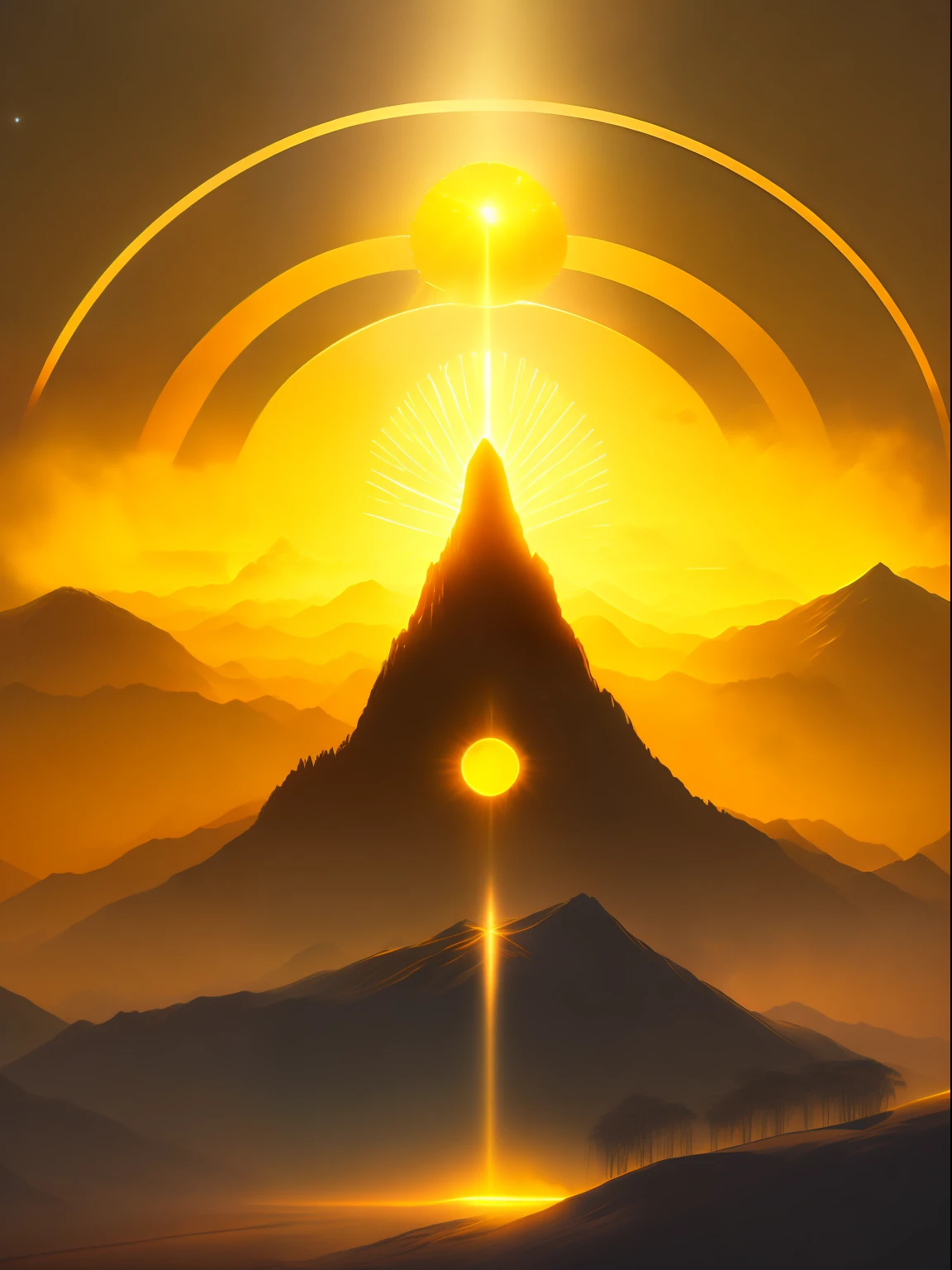 Best Quality, masutepiece, 超A high resolution, (Photorealistic:1.4), Raw photo,Heaven, Mt. Illuminated by Fog々, The fog is coming down、Head to The Lord of the Rings, Sauron, Fantasy, yellow, orange tone, T-shirt design, Midjourney, Vector art, Hydro74, Solar flares, Halo effects,   suite, Cinematic lighting, Calm bliss, diffuse glow, Daylight, god rays, Sun rays, chromatic abberation, Caustics、Sun God、female deity、Amaterasu、suns