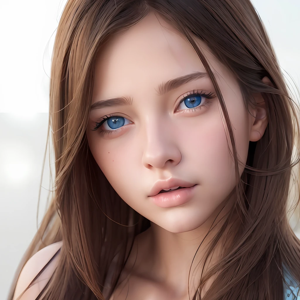 Best Quality, Masterpiece, (Realistic:1.4), 1 girl, brown hair, blue eyes, front, Detailed Face, Beautiful eyes