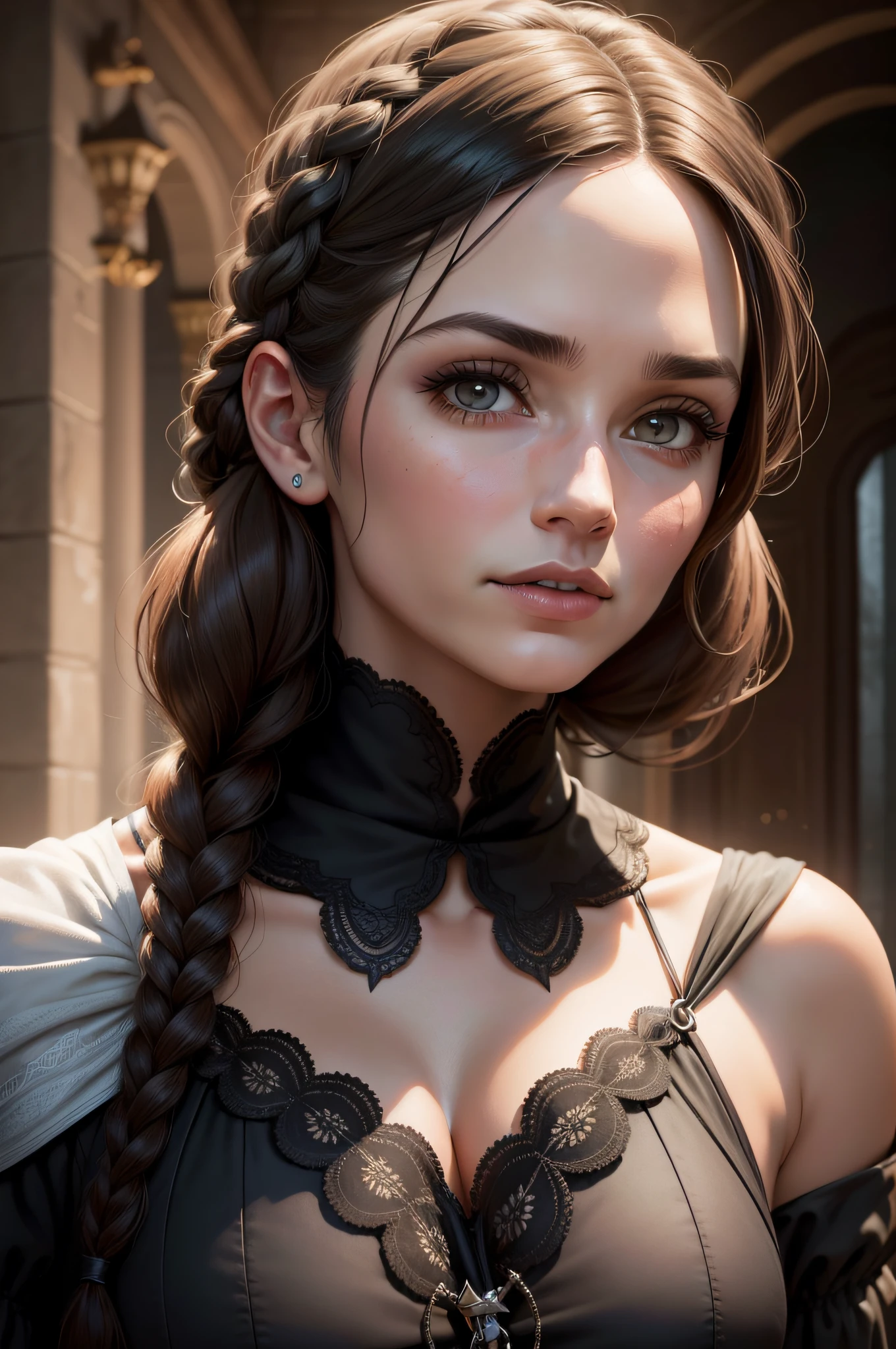 (super detailed), high resolution 8k wallpaper, best quality, full body, a beautiful young canadian woman, black hair, two braids, (highly detailed hair: 1.4), smoke, fog, (dark forest: 1.1 ), bokeh, faded, neutral colors, (hdr: 1.5), ((pastel colors)), colorful dresses, floral decorations, skirts, fantasy style, intricate scene, artstation, super detailed, dramatic lighting, Intricate Detail, [Vignette], Intricate Background, ( (((Movie Look)))), Soothing Tones, Intricate Detail, Ultra Detail, Stone Gray Mood, (Wide Angle), Realistic, Sharp focus, beautiful lips