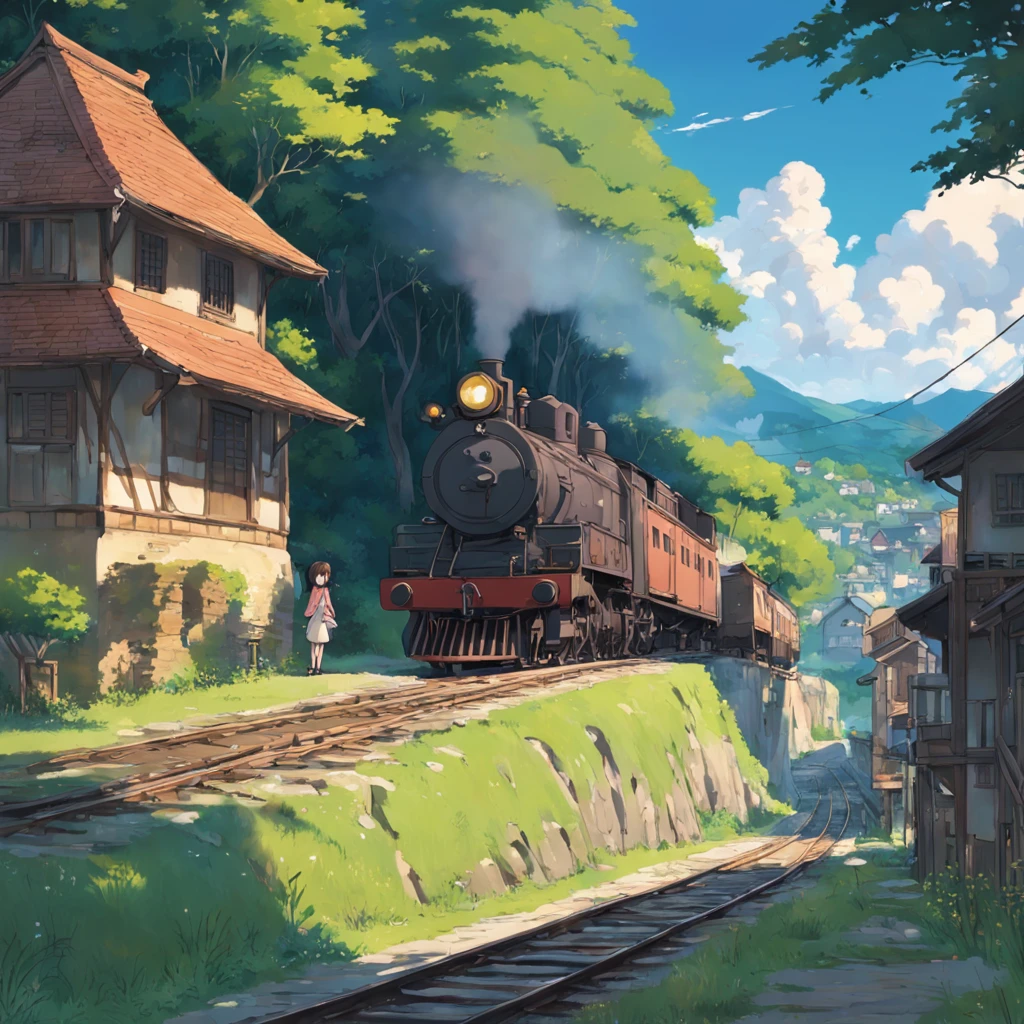 rural village, with locomotive passing by, studio ghibli scenery, perfect, best quality, best art, girl with short brown hair (high detailed:1.4) 8K