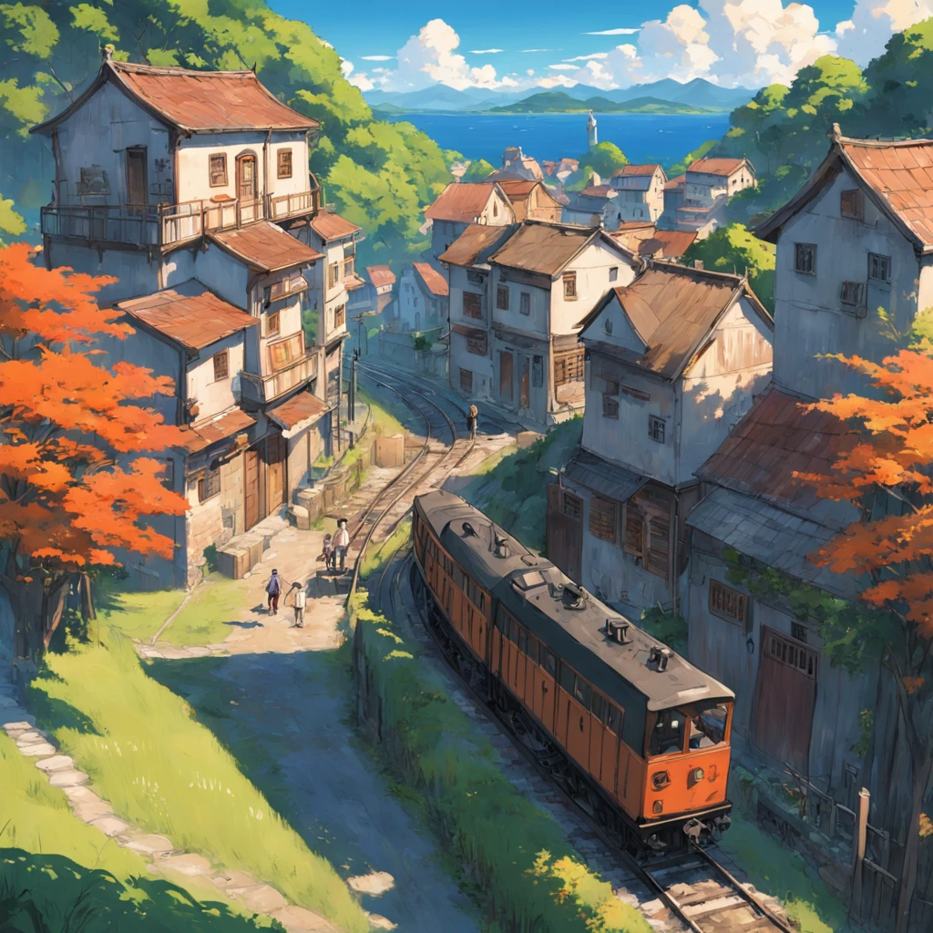 rural village, with locomotive passing by, studio ghibli scenery, perfect, best quality, best art, girl with short brown hair (high detailed:1.4) 8K