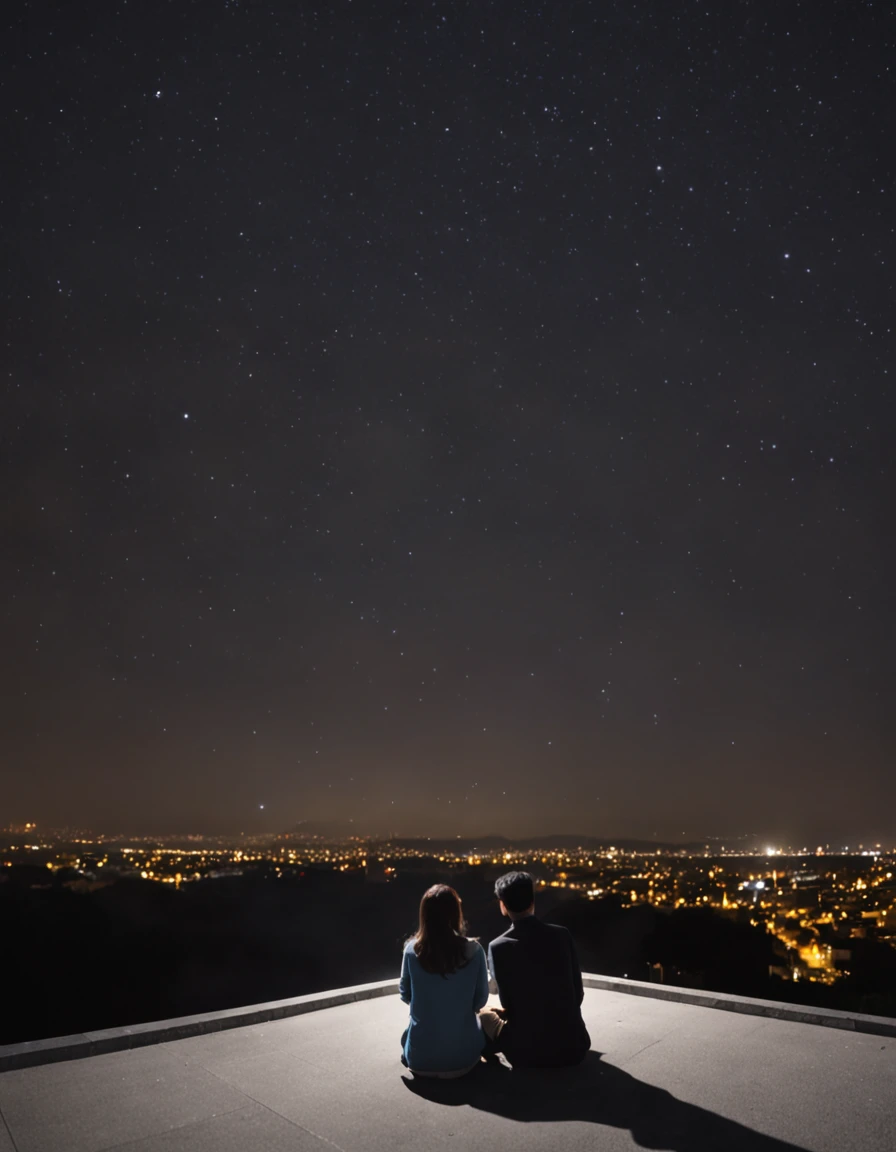 From the roof of the building、Two people sitting on asphalt staring at stars in urban sky,nestle、 a couple, Looking to the stars, Night, Night - hour, Simple illustration, during night, Linear illustration, looking at the stars, Night time, Together, handdraw, illustartion, Calm feeling, natta, under the starry sky, having a good time, Starred、Angle from a distance、watercolor paiting、