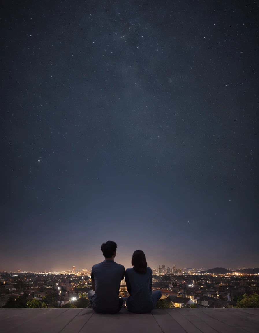From the roof of the building、Two people sitting on asphalt staring at stars in urban sky,nestle、 a couple, Looking to the stars, Night, Night - hour, Simple illustration, during night, Linear illustration, looking at the stars, Night time, Together, handdraw, illustartion, Calm feeling, natta, under the starry sky, having a good time, Starred、Angle from a distance、watercolor paiting、