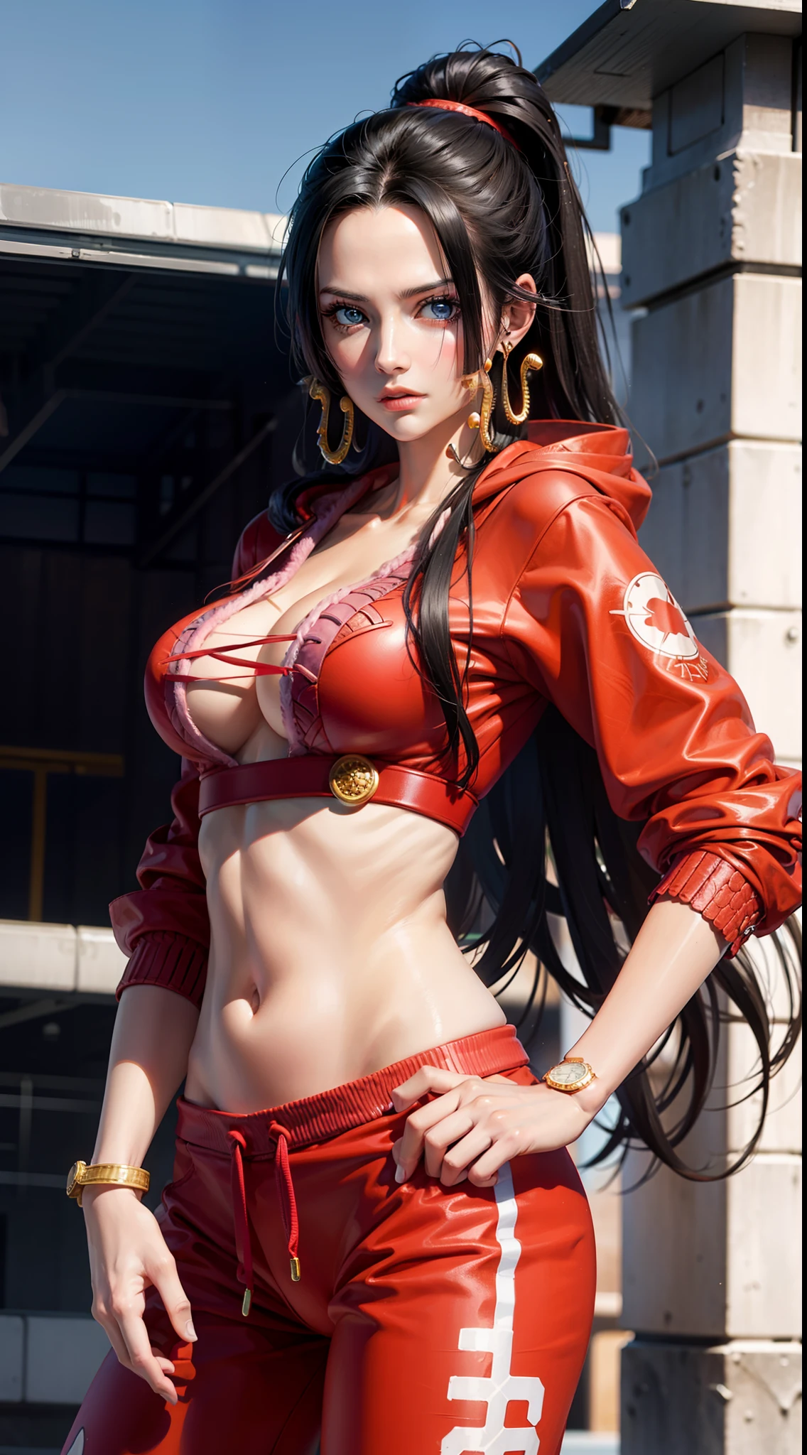 boa hancock from anime one piece, beautiful woman, very beautiful, perfect body, perfect boobs, dark hair, long hair, slightly smiling expression, wearing red nike hoodie, red jogger pants, wearing earrings, wearing watch on soccer field, football stadium, stand, Realism, masterpiece, textured skin, super detailed, high detail, high quality, best quality, 1080P, 16k