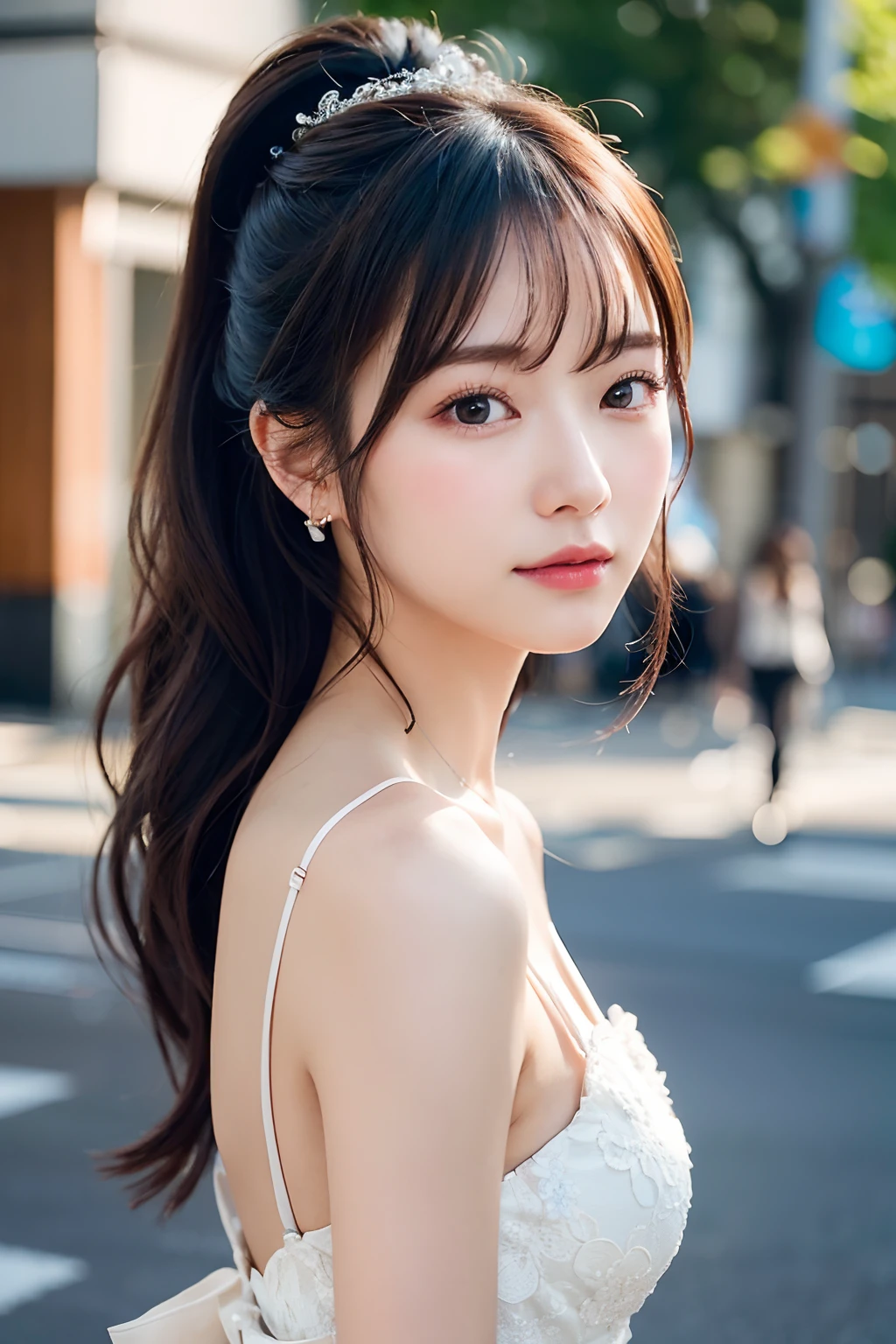 full body photo,table top, best image quality, high quality, background is clear，Beautiful woman, Japanese, be familiar with, be familiar with eyes, be familiar with skin, beautiful skin, 超High resolution, (reality: 1.4),very beautiful woman, A  young face, beautiful skin, thin, (ultra photorealisticim), (High resolution), (8K), (非常にbe familiar with) (beautiful detailed eyes), (超be familiar with),   (be familiar with face), view viewer, small details, be familiar with face, smile, look straight ahead, look straight ahead, reality的な写真, bright lighting, professional lighting, black hair, ,ponytail,baby fars old,髪型ar a ribbon,ロングのponytailの髪型,Angle from the waist up,Stand and pose,wear earrings,Streets of Europe,In front of the cathedral