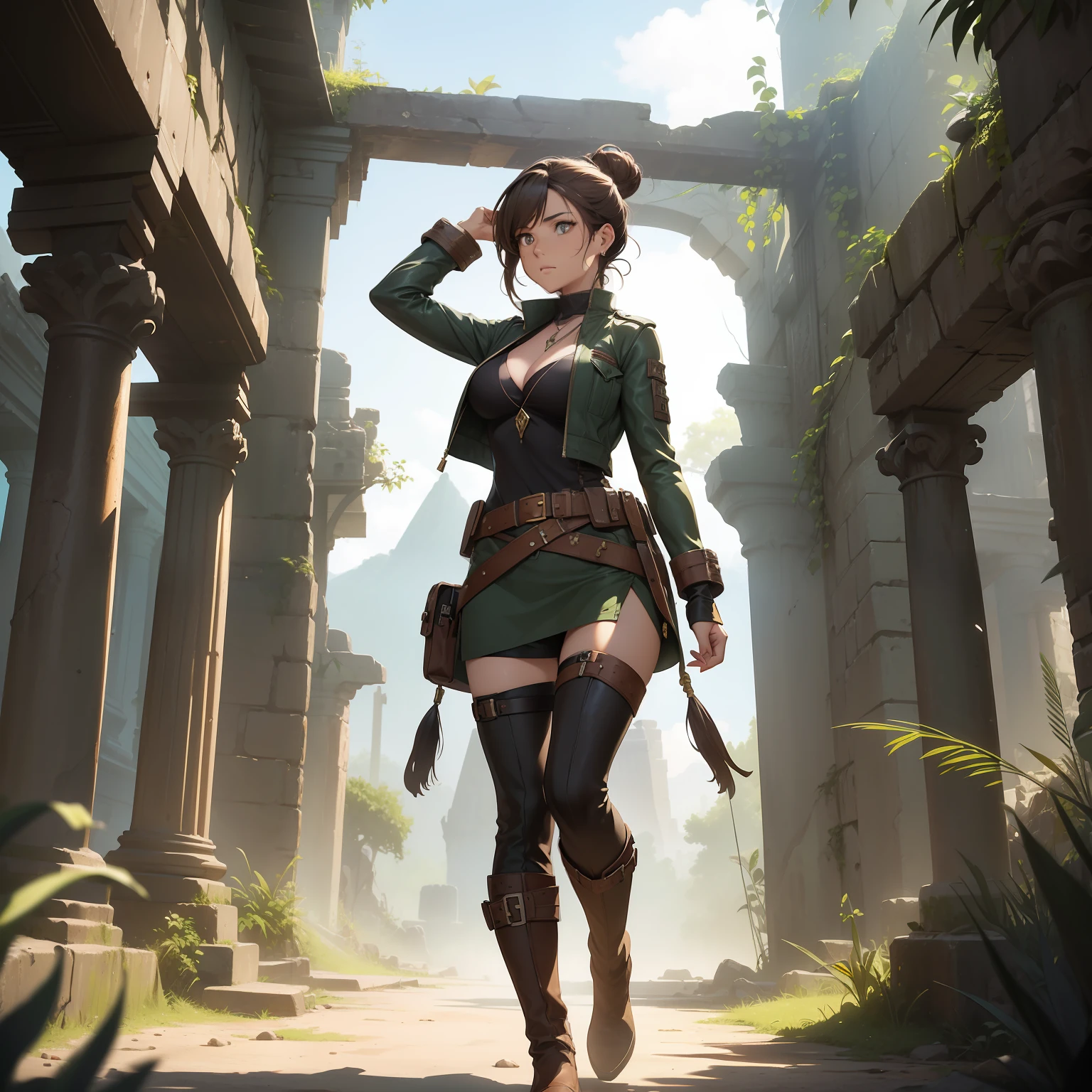 (masterpiece, best quality, 4k, photorealistic), ((wide shot, full body)), ((front view)), expressive eyes, perfect face, nice hands, 1 girl, earthy brown hair, large cleavage, long round legs, curvaceous body, booty, hairstyle: messy bun with loose strands framing the face, this style keeps hair out of the way during action and adds a rugged charm, dark green leather tunic with bronze accents, fitted brown leather pants, knee-high brown leather boots, brown leather gloves, utility belt with pouches and weapon holsters, accessories: leaf-shaped pendant necklace, feather earrings, standing, ((a background of ancient ruins or a forgotten temple could evoke a sense of adventure and mystery, highlighting the mercenary's exploratory nature)), extremely detailed Artgem, IG model, alena aenami and artgem, krenz cushart and artgem, artgem and atey ghailan