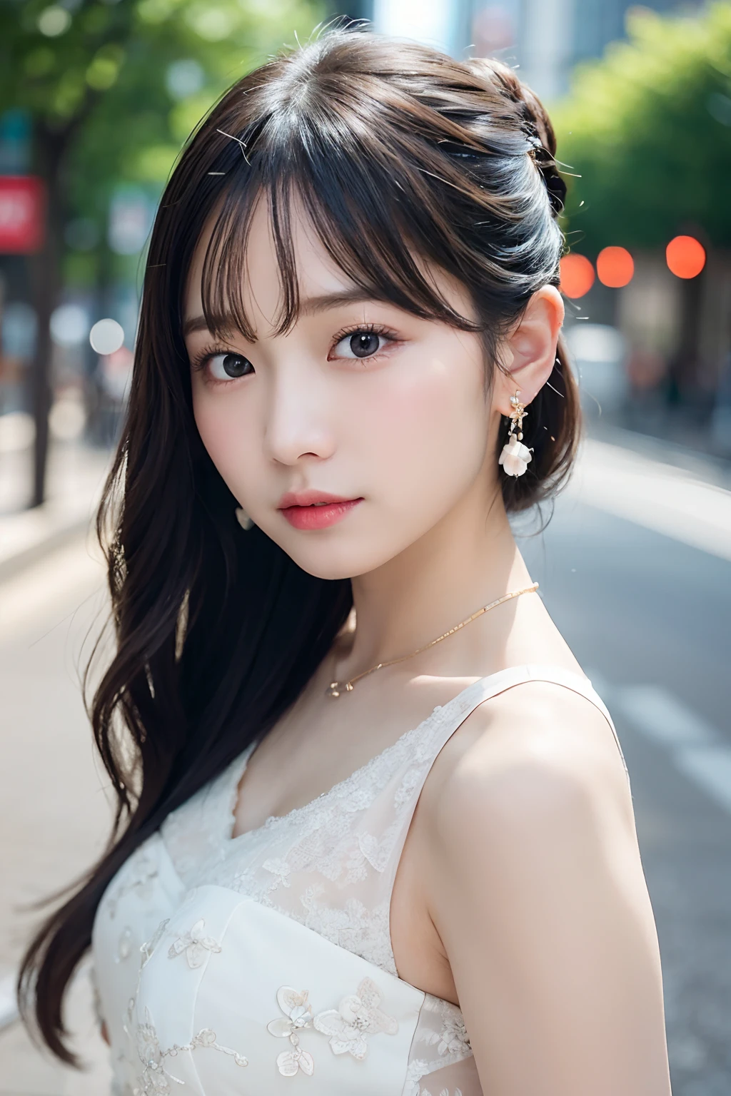 (masterpiece, best quality:1.5), beautiful girl, 8k, 50mm portrait, raw photo, absurdres, delicate girl, tiered dress, violaceaess, gardeniass, rosaceaess, upper body, looking at viewer, (smile:0.4), breasts focus, thin arms, very thin waist, earrings, necklace, facelight, clear lighting, film grain, chromatic aberration, garden, (bokeh:1.3), (simple background:1.2)