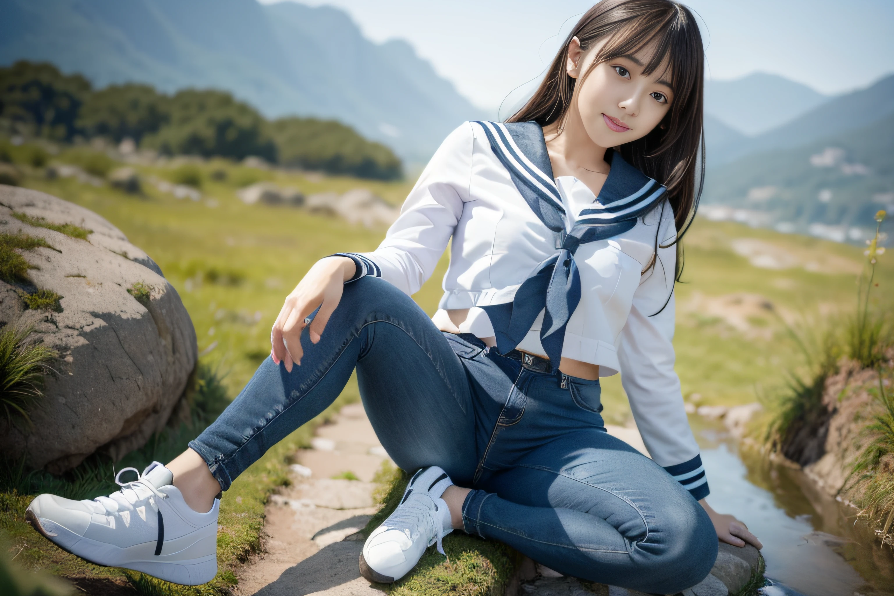 a pregirl，horse tailed，ssmile, looking at viewert, sailor uniformm,skintight jeans, athletic sneakers，photore, realisticlying, Best quality at best, employee, 详细的脸, Lie high, The steppe is covered with mossy rocks, diffuselighting, depth of fields, Background bokeh