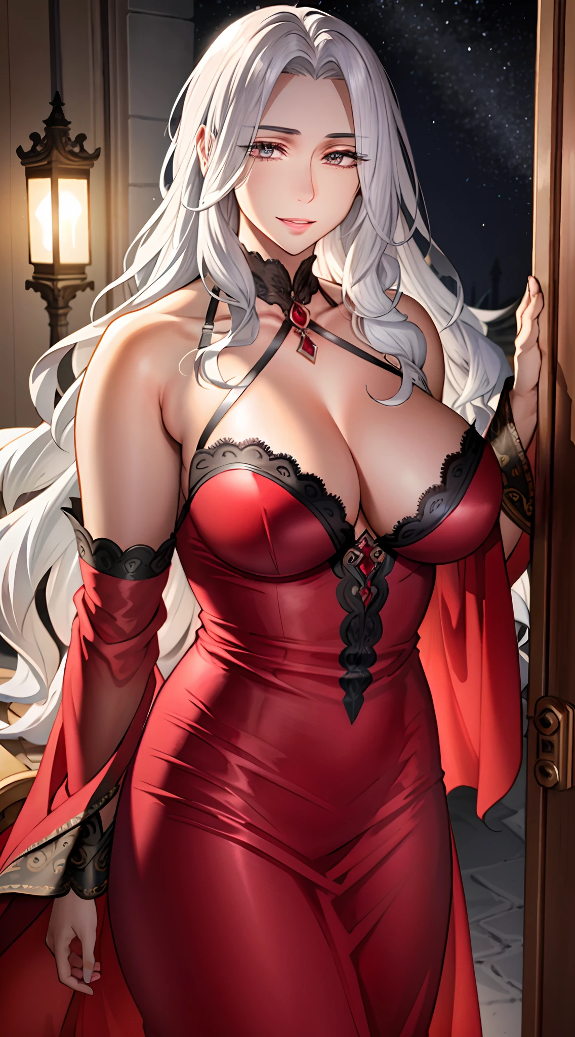 Masterpiece quality, high quality, intricate details, beautiful, magnificent quality, dynamic lighting, cinematic lighting, natural lighting, cinematic details, bloodborne, grim, dark, fantasy, horror, English Georgian era attire, portrait, facing viewer, even eyes, friendly expression, beautiful even eyes, beautiful eyelashes, elegant dress, Moonlit night, lively skin, beautiful, woman, long wavy hair, age 25 armpit hair, beautiful smile, excessive pubic hair, beautiful smile, warm smile, beautiful lips, scarlet eyes, bangs covering forehead, sultry dress, white hair, portrait, erotic