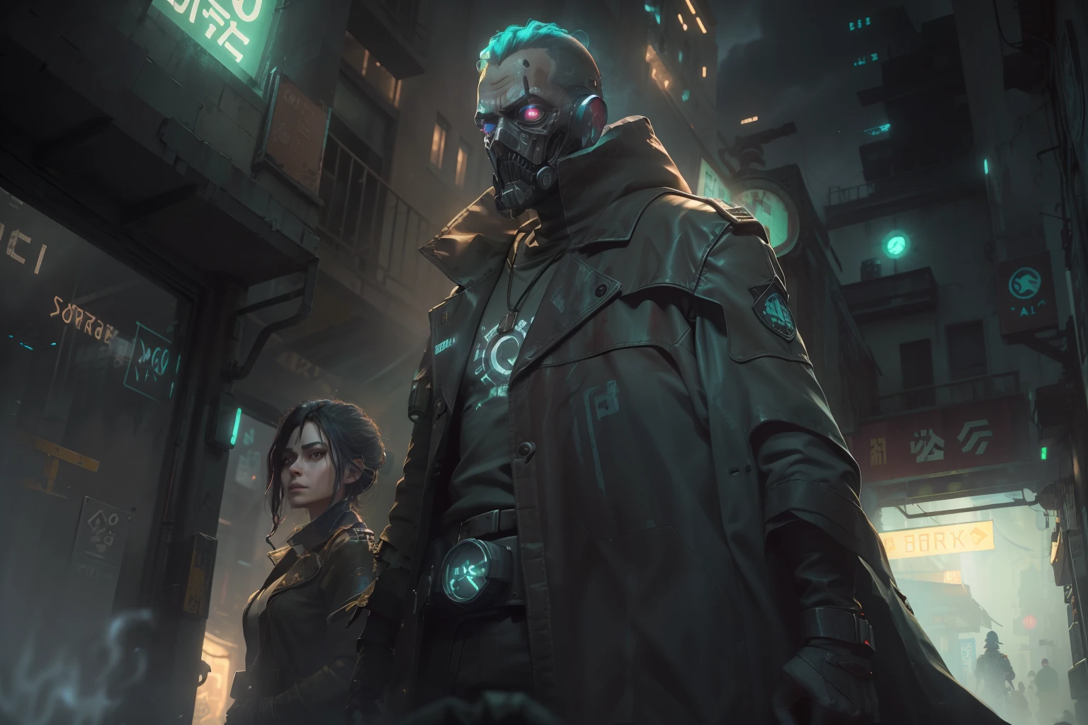 "((low angle view | Dark and creepy narrow cyberpunk alleyway)) with a dystopian and futuristic atmosphere, (night with no lights, very dark, horror), Coiling doors, corrugated metal walls, (A bounty hunter in his 40s, trench coat with a woman on baggy clothes engage on a conversation, arguing), (Full body display 1.5), very dark, (from below view), trash in the foreground." very detailed, everything is dark bit has a yellow neon lighting