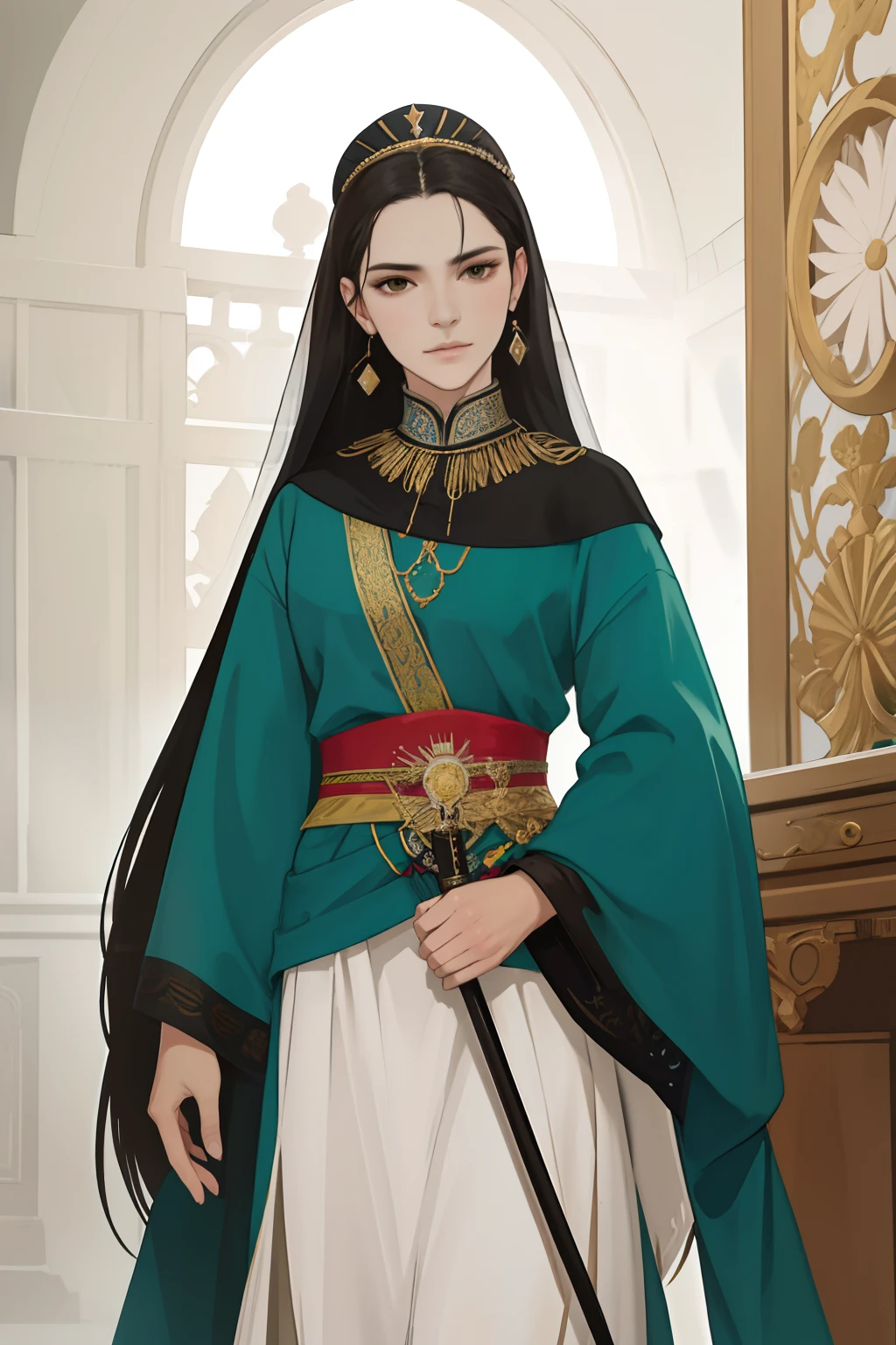 NSFW, obra-prima, melhor qualidade, ultra-detalhado, semi-realista, detailedfacialfeatures,1woman,woman wearing clothes from the Ottoman Empire,cabelos compridos negros,olhos verdes,princesa real,muito bonita,bastante feminina,woman guerreira,valente,violenta,arrogante,voluptuosa,seios grandes,sexy,,Standing stately holding a Saracen sword