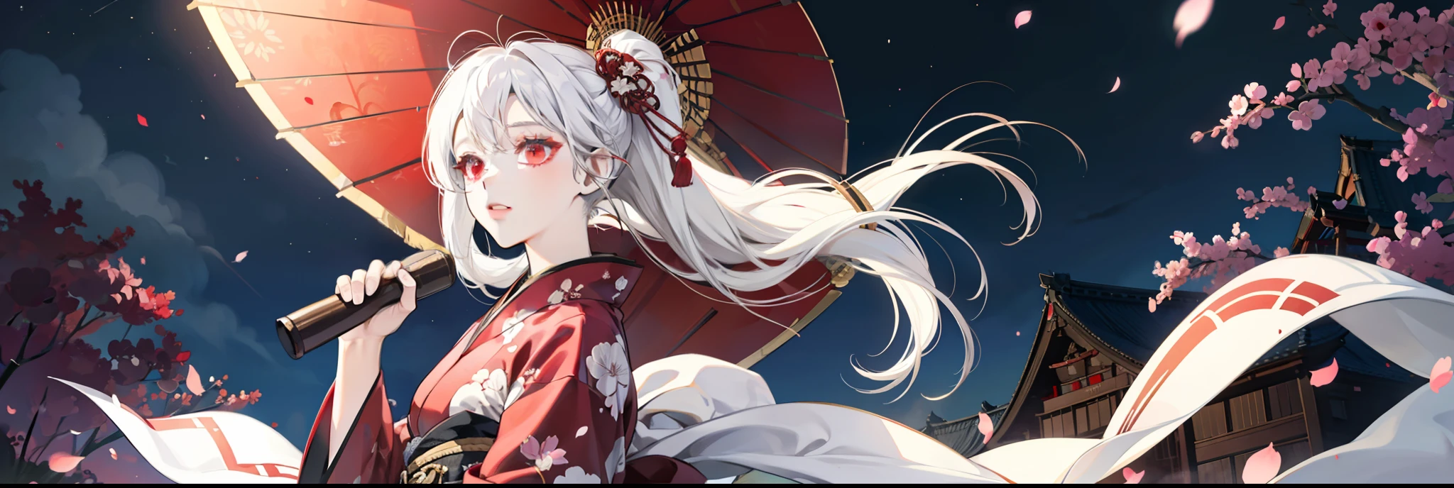 Girl in Japanese kimono，long layered silvery white hair，Red eyes，Kimono with white，The feeling of the wind blowing，the night，Lights in the distance，Cinematic lenses，Light，atmosphere，Drawing，Full-HD，Ultra detailed，carefully drawn，