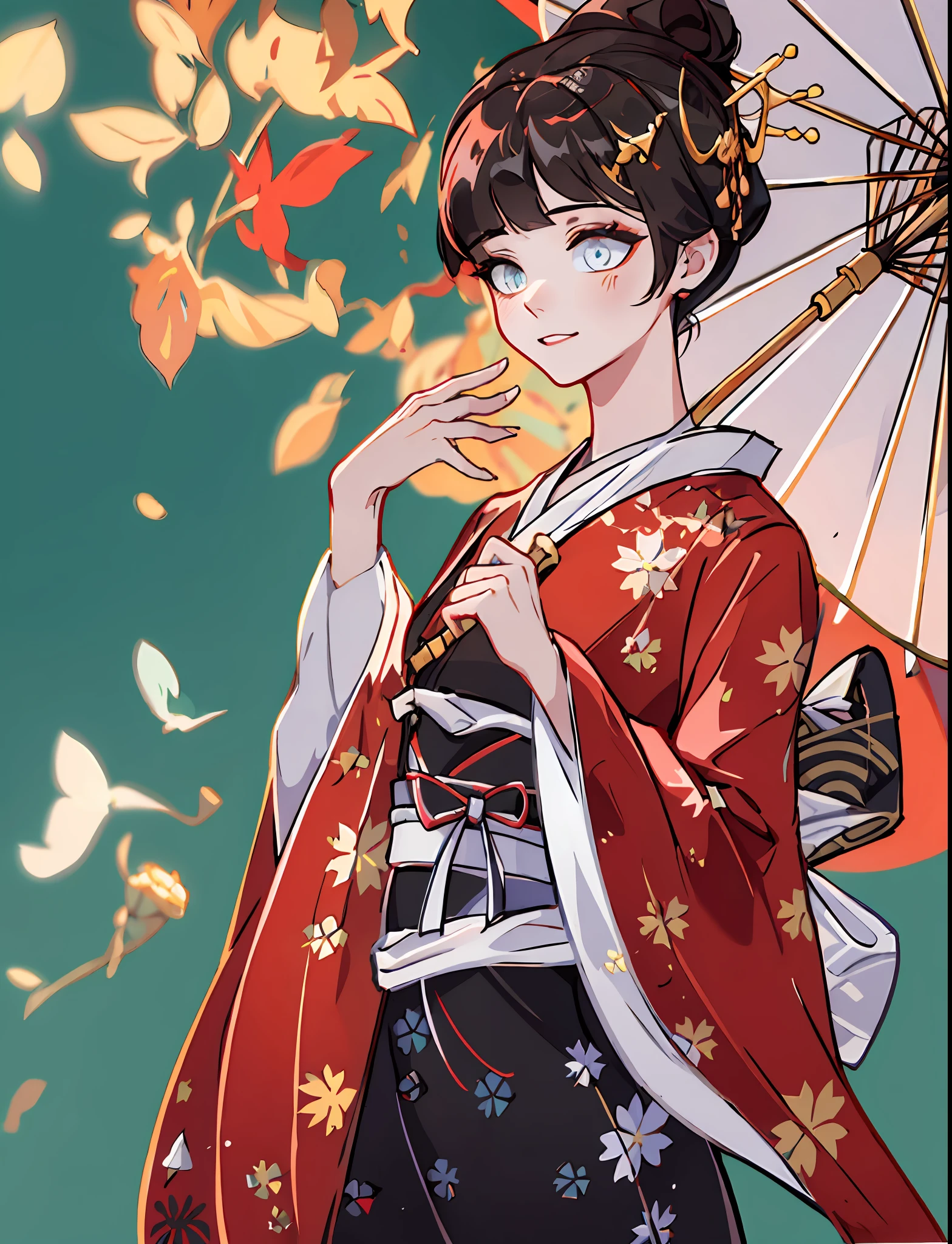 Master masterpiece，Dynamic Angle，ultra-detailliert，illustartion，（Girl in kimono with umbrella），けもの，highly detailed exquisite fanart， brown haired）），Her eyes shone like dreamy stars，（Luminous Eyes：1.233），（Beautiful and detailed eyes：1.1），（is standing）， （during the day：1.2））， The whole body， Sun'rays， Clear face， Clean white background， epic composition， The ultra -The high-definition， high quarity， extremely detailed， official arts， [[Delicate fingers and hands：0.55]：：0.85]，（Detail fingers） Uniform 8k wallpaper， super detailing， 32K，Anime style