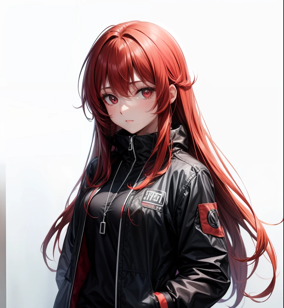1girl,black jaket,red eye,long hair,red hair