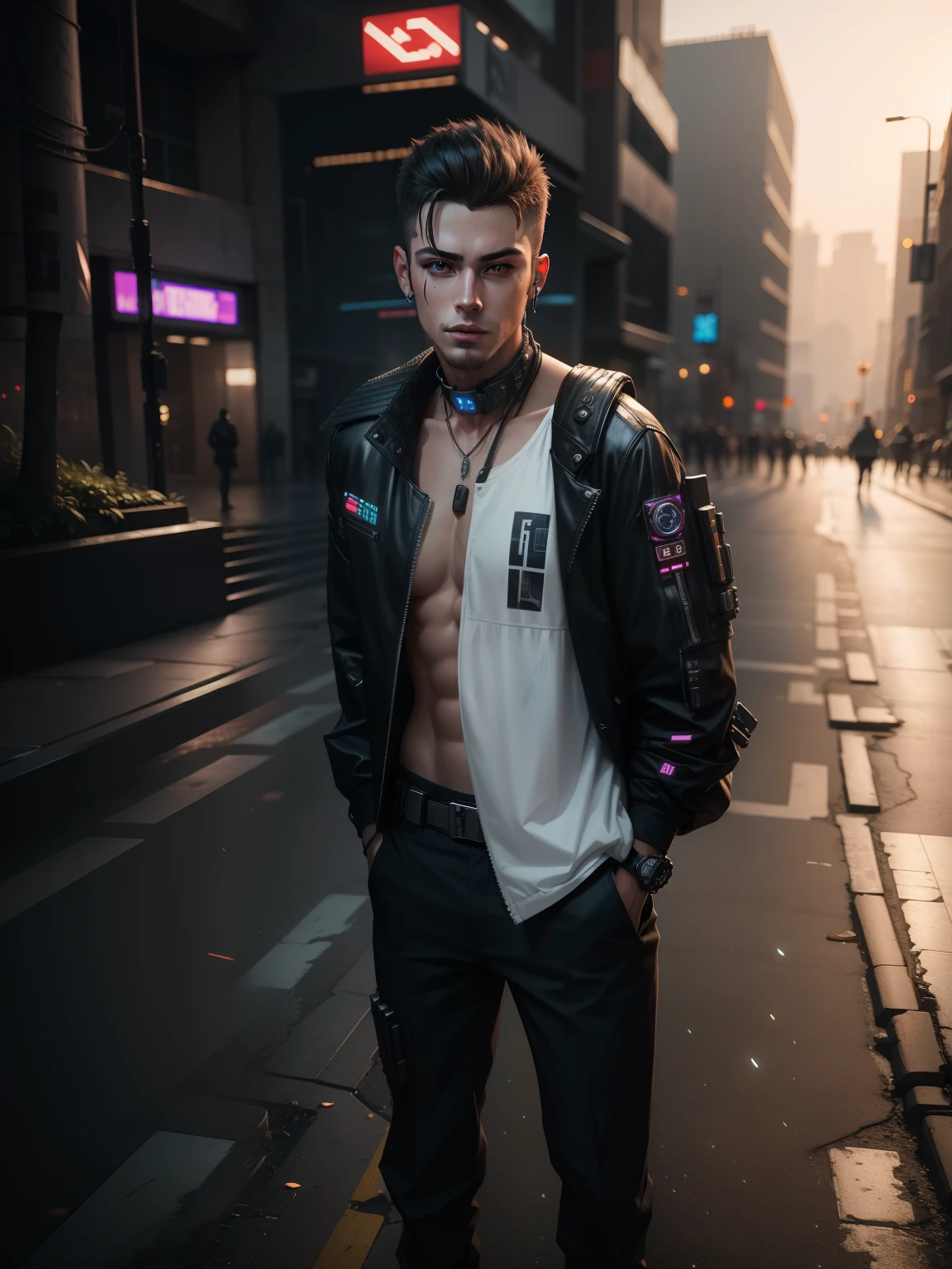 Cyberpunk handsome boy mascular body change background ultra realistic face ultra realistic body 8k
