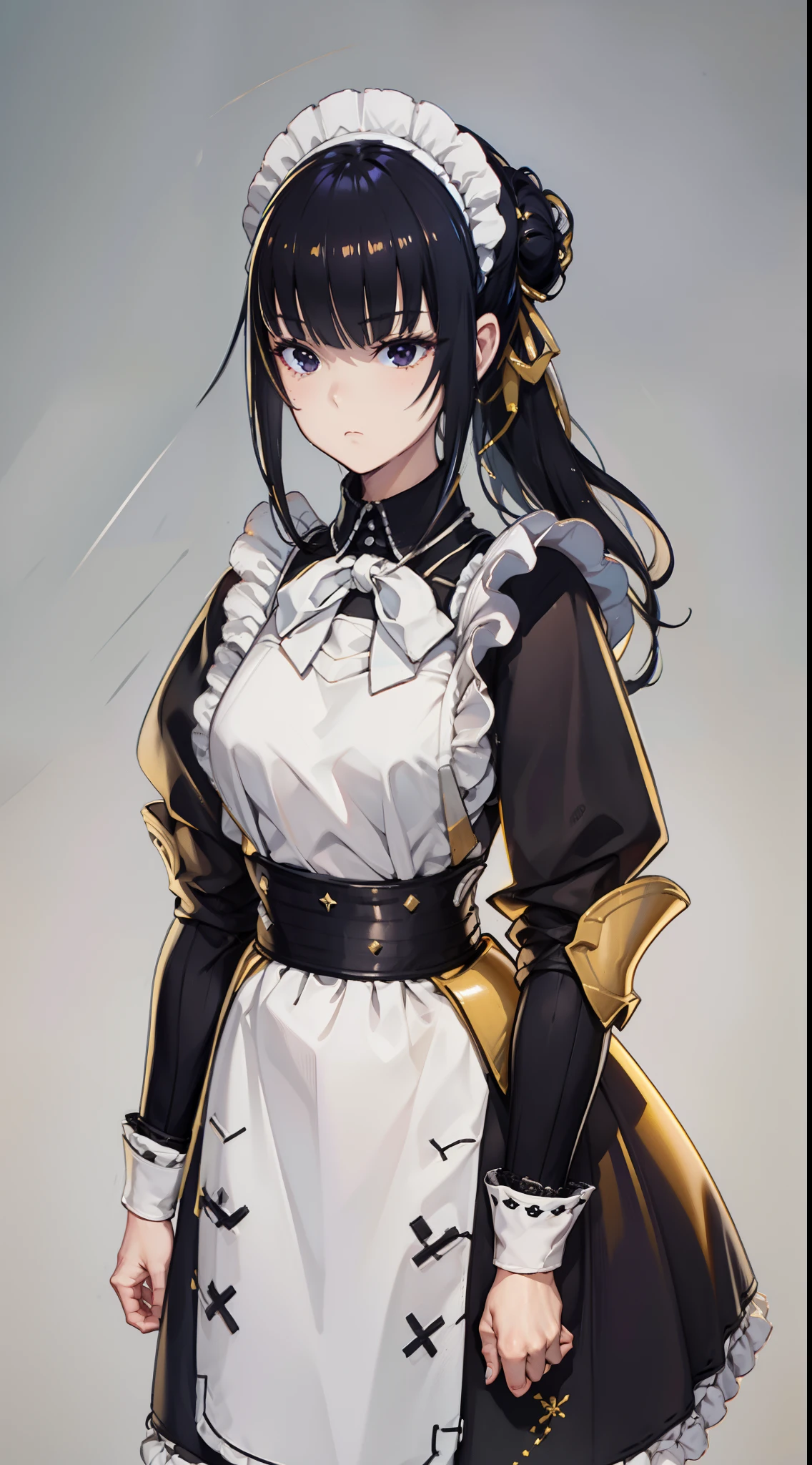 1girl, maid, solo, black hair, hands on hips, apron, maid headdress, single hair bun, black eyes, hair bun, looking at viewer, maid apron, yellow elements, (armor, armored dress,:1.1), emotionless, narberal_gamma,  highres, sharp focus, pixiv masterpiece, ((intricate details)), highly detailed, full body,t pose