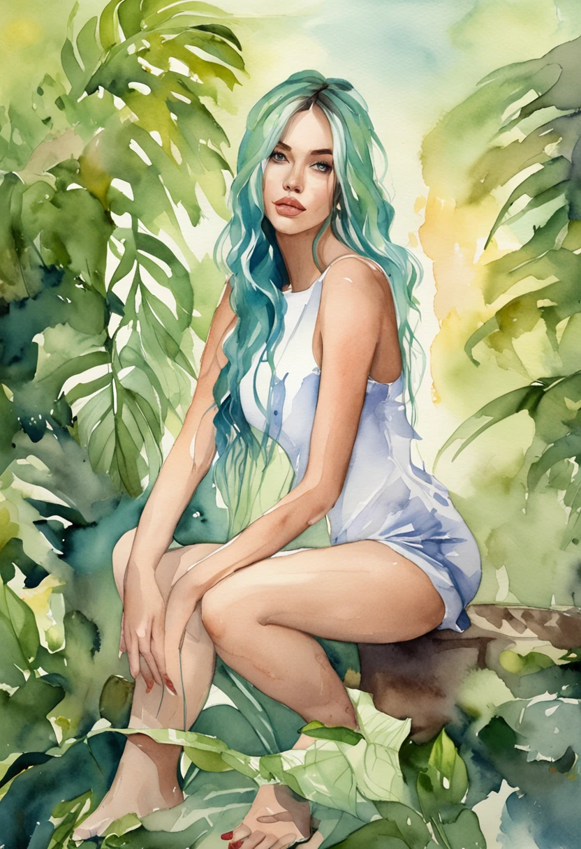 Beautiful girl looks like Billie Eilish, sexy figure, sexy pose, hot clothes, green and black hair, beauty face