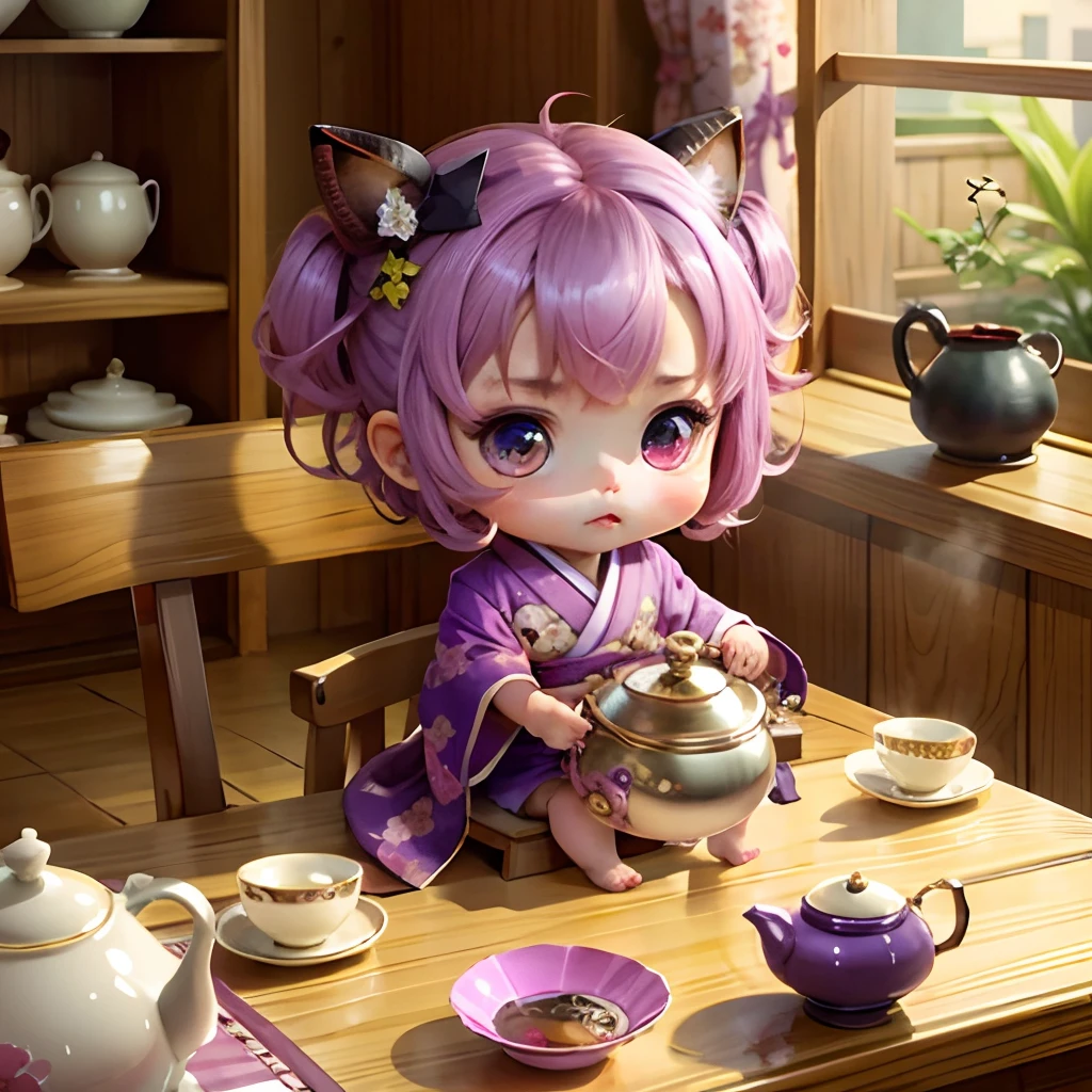 Cute baby chibi anime, purple and pink kimono, sit in tea pot