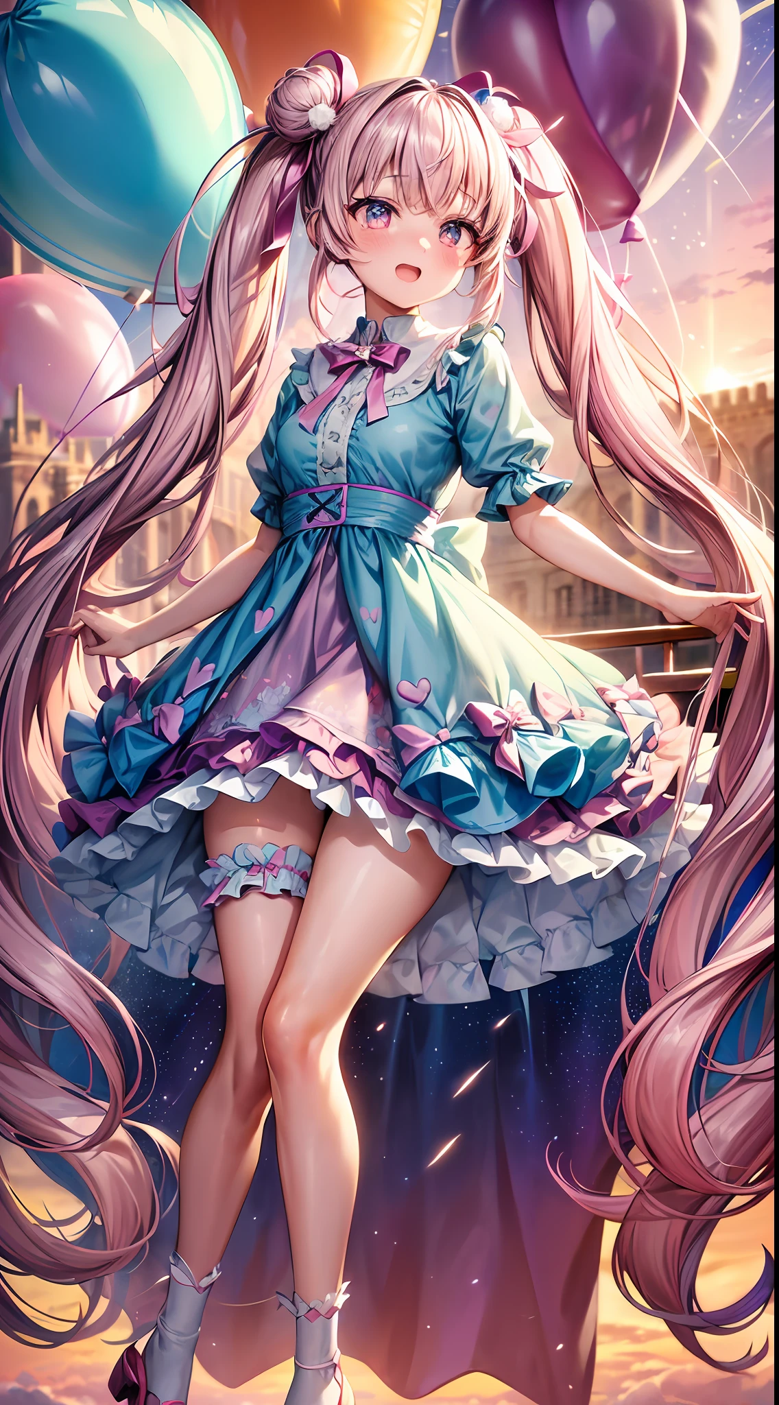 (fullbody, legs and shoes visible: 1.2)) expressive eyes, 1girl, pale skin, long hair, windblown hair, ((absurdly long hair)), long sidelocks, hime bangs, hair fringe, hair bun, ((very long twintails)), iridescent hair, light pink hair, blushing, full face blushing, big sparkling pastel purple eyes, (gradient eyes), open mouth smile, cute pose, ((holding balloons : 1.3)) 
((cute and pastel fashion)) ((🦄🎠🎈🎉 theme : 1.4)) flowy pastel dress, ((dreamy multicolored open dress)), (floating ribbons), lavender ruffles, pink frills, (light blue lace), detached short sleeves, puffy skirt, ((rainbows and stars print skirt : 1.3)), lolita skirt, purple bows, ((pompon ribbons hair ornament : 1.4)), multiple bows, striped lace stockings, (heart shaped leg garter), cute (pastel purple) shoes ((hyperdetailed clothing and fashion)) looking at you, vintage girl, blushing, (beautiful detailed eyes), (extremely detailed CG unity 8k wallpaper) (best shadow), ((an extremely delicate and beautiful)), (detailed light), ((depth of field)) big head, big sparkling eyes, moe, splash art, cinematic lighting, frontal view, volumetric lighting maximalist photo illustration 64k resolution high res intricately detailed complex key visual precise linear 
((in the dreamy pastel sky background, surrounded by sunset clouds, shooting stars, castles in the clouds)) ((hyperdetailed scenery, foggy clouds, suspended by balloons, hearts : 1.3))