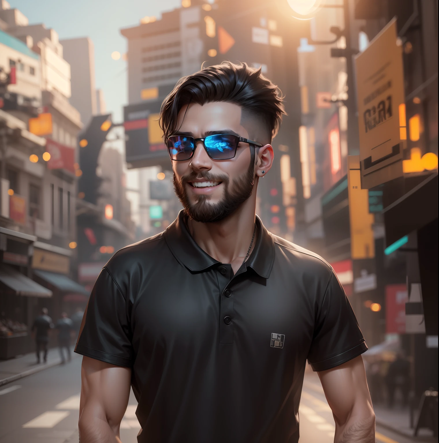 Change background cyberpunk handsome boy, realistic face, realistic smile face, realistic beard, black t-shirt, 8k, ultra realistic,
