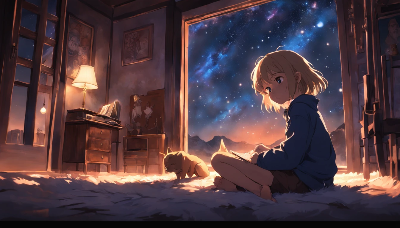 in a cozy home nestled under the night sky, a father named Ethan sat beside his wide-eyed , Luna. The room was dimly lit, and the only source of light was the twinkling stars that adorned the ceiling.
