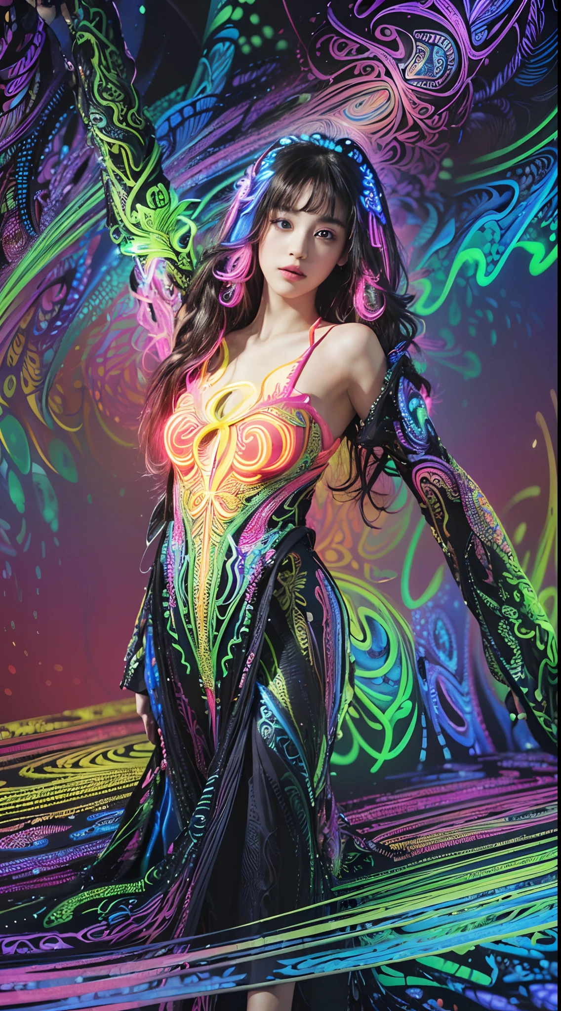 (masterpiece, top quality, best quality, official art, beautiful and aesthetic:1.2), (1girl:1.3), extremely detailed,(fractal art:1.2),colorful,highest detailed,( zentangle neon:1.2), (dynamic pose), (abstract background neon:1.5), (treditional dress:1.2), (shiny skin), (many colors:1.4), upper body ,Neon,16K,Full HD