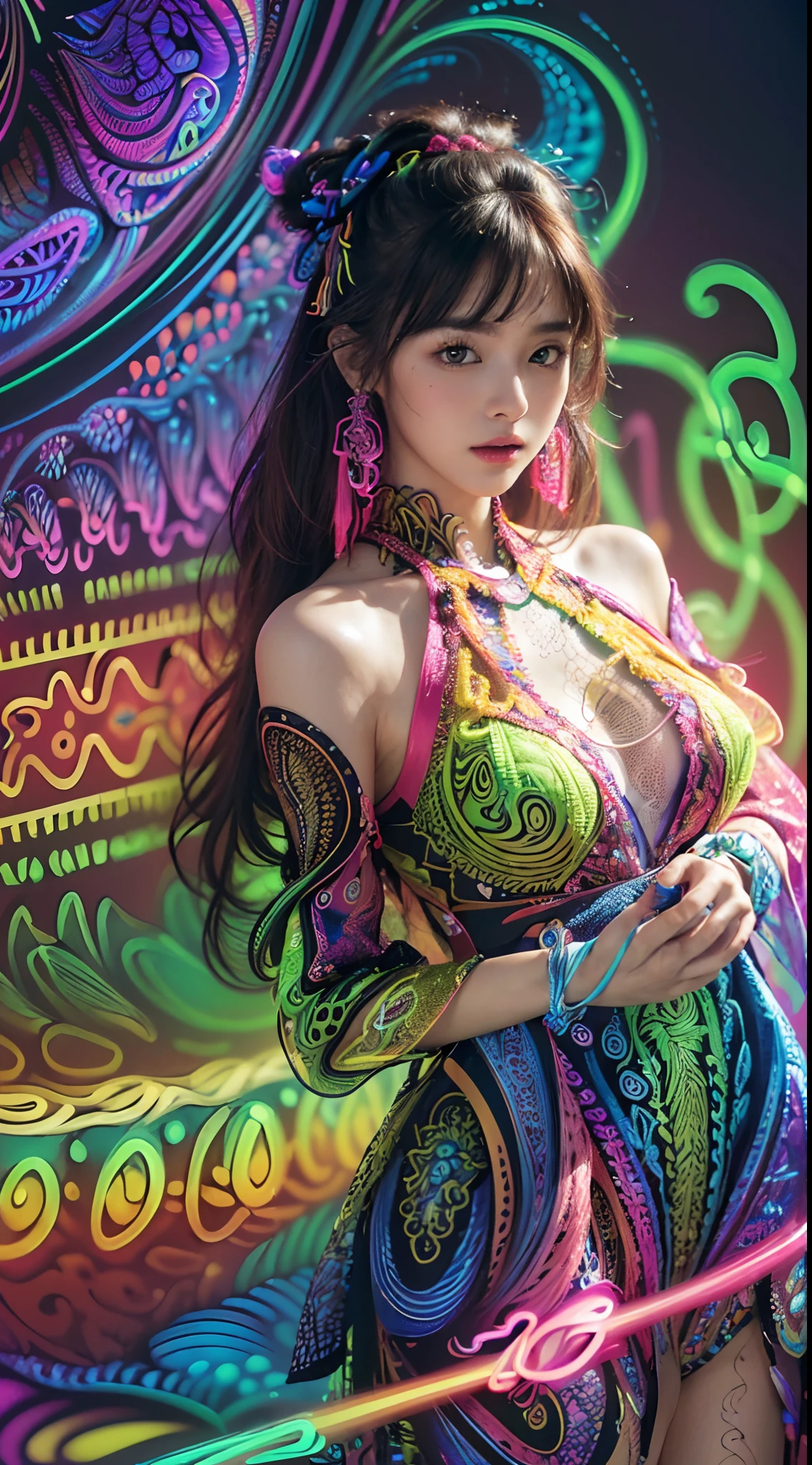 (masterpiece, top quality, best quality, official art, beautiful and aesthetic:1.2), (1girl:1.3), extremely detailed,(fractal art:1.2),colorful,highest detailed,( zentangle neon:1.2), (dynamic pose), (abstract background neon:1.5), (treditional dress:1.2), (shiny skin), (many colors:1.4), upper body ,Neon,16K,Full HD