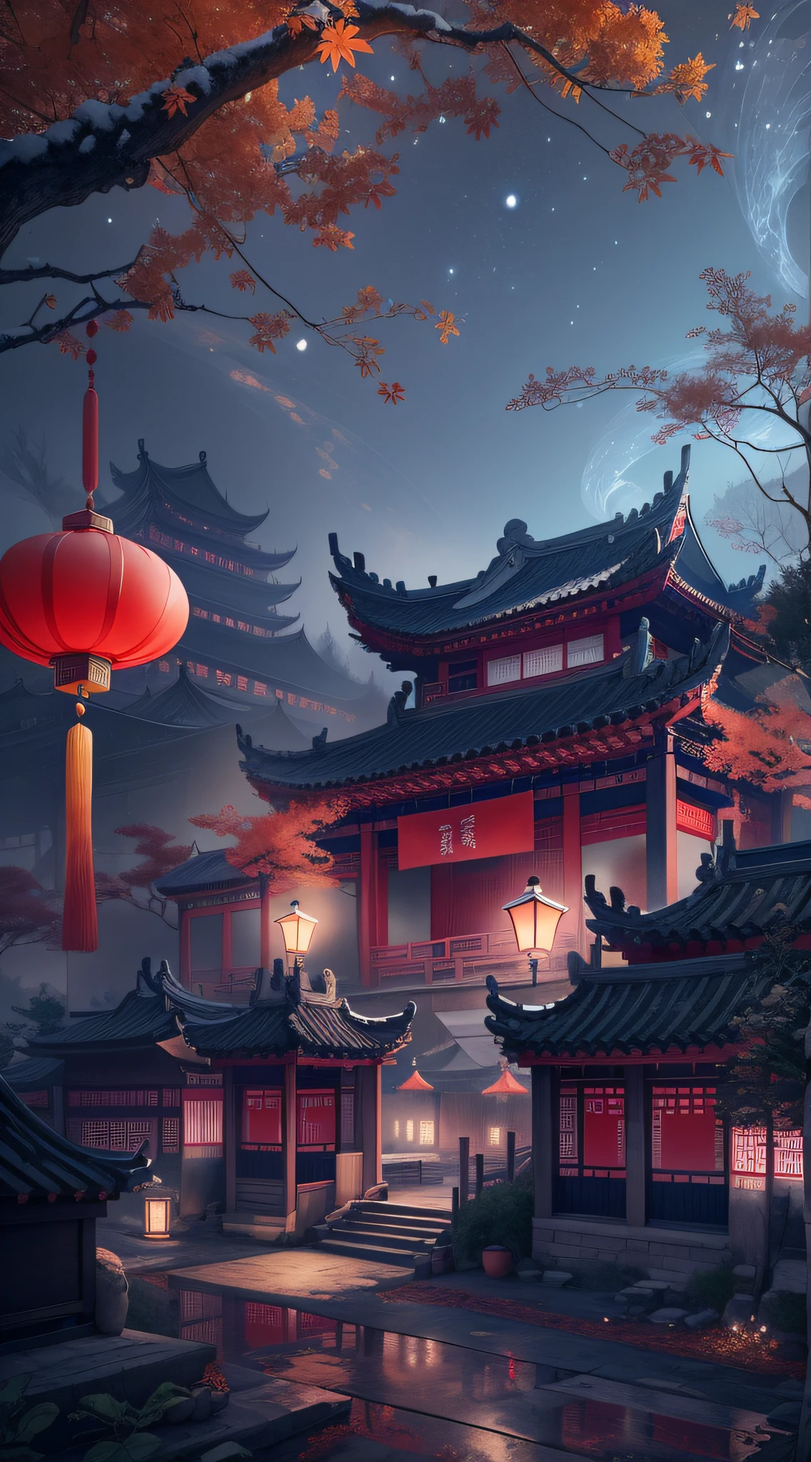 Rendering in surreal CG ancient China，Jiangnan ancient buildings and ancient towns have Yaolin wonderland。the night，The stars are bright，The smoke is fascinating，Maple leaves and milk leaves are trees。snow landscape。k hd