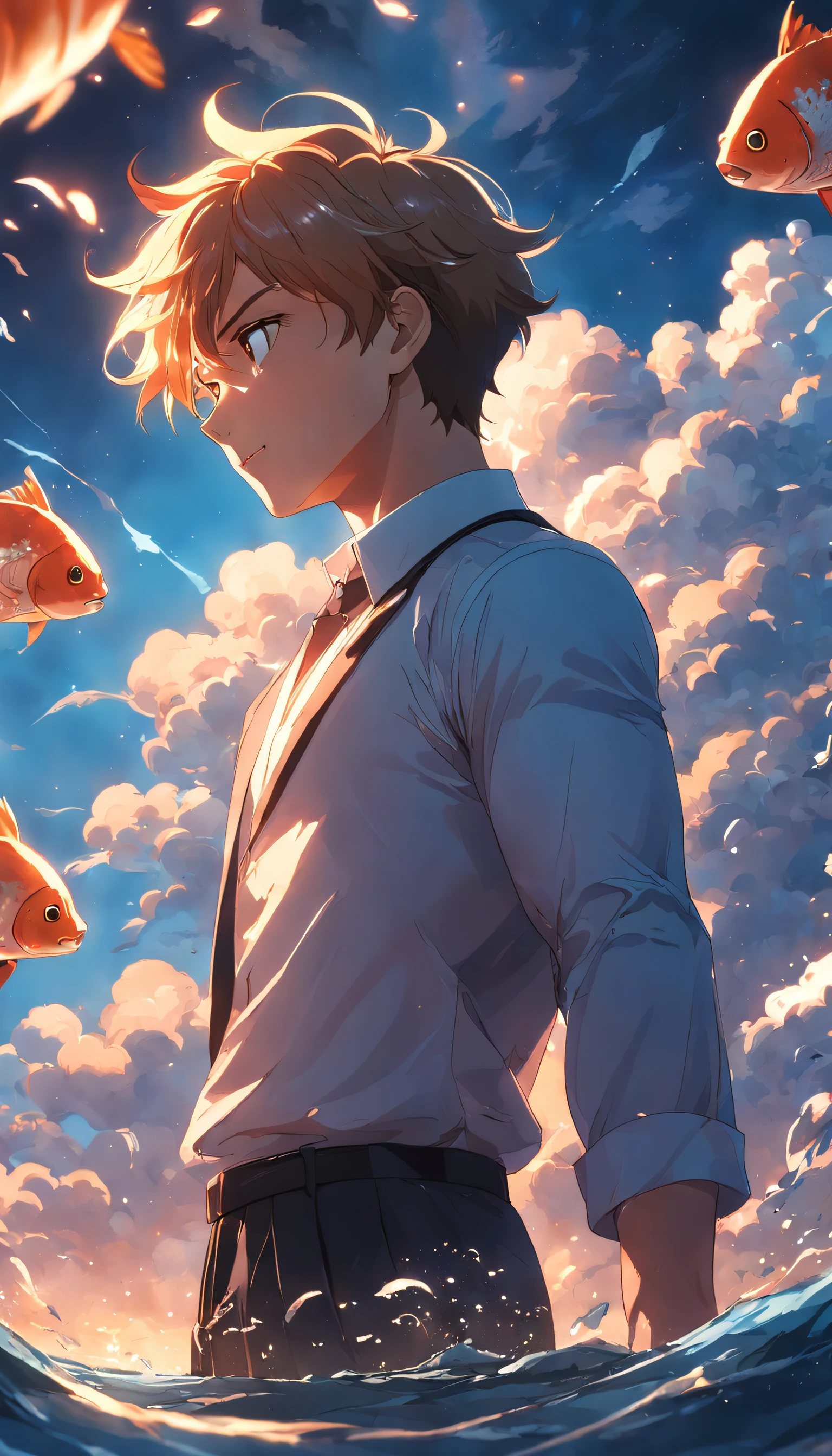 masterpiece, best quality, movie still, 1 man, tall muscular guy, cloud boy, floating in the sky, close-up, bright, happy, warm soft lighting, sunset, (sparks:0.7), side view, suit, fishes surrounded him