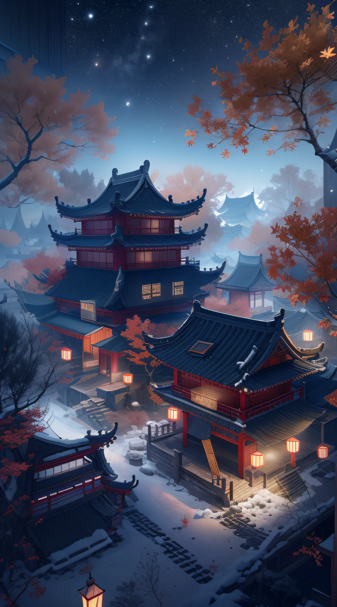 Rendering in surreal CG ancient China,Jiangnan ancient buildings and ancient towns have Yaolin wonderland。the night,The stars are bright,The smoke is fascinating,Maple leaves and milk leaves are trees。snow landscape。k hd