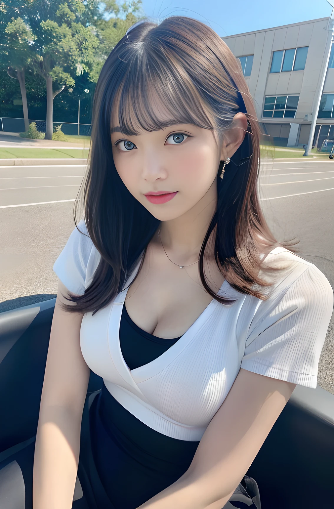 There is a woman sitting in a car with a bag on her lap, legs taking your pov, sitting in her car, legs showing, Driving, [ photos realistic ]!!, ergonomic, pantyhose tights, 4l, wearing kneesocks, Women's Gigachado, Right-hand drive, Ha12.0, 24 year old woman in black baggy t-shirt, Short sleeves, Basic round neck、(Photo Real:1.4, Elastic medium-breasted, Very adorable tilkish beauty 1 girl、(Brightening light:1.2)、(Increase quality:1.4)、 (Top quality real texture skins:1.4)、 (Mood up the body line:1.1)、(Improve skin texture:1.1), tmasterpiece，best qualtiy，cinematic Film still from，1girll，1boy ，Frolic，At the school arts festival，In the playground，closeup cleavage，brightly，cheerfulness，Warm and soft sunshine，At noon，(Raw photography、4K、​masterpiece、hight resolution、very intricate)(realisitic:1.4)、Delicate girl illuminating facial features in a movie、View Viewer
1 girl、single focus、Hot、Muscle whitening、(Colossal tits、cleavage of the breast)、(top-quality)、(Hi-Res)、(extremely delicate and beautiful)、(Beautiful 8k face)、(Brown-eyed)、(ulzzang-6500:1.0)、(独奏)、(Watching side)、(audience)、(Colossal tits)、(nffsw)、Stooping、((Basketball sportswear))、(Playing Basketball)、((Gymnasium))