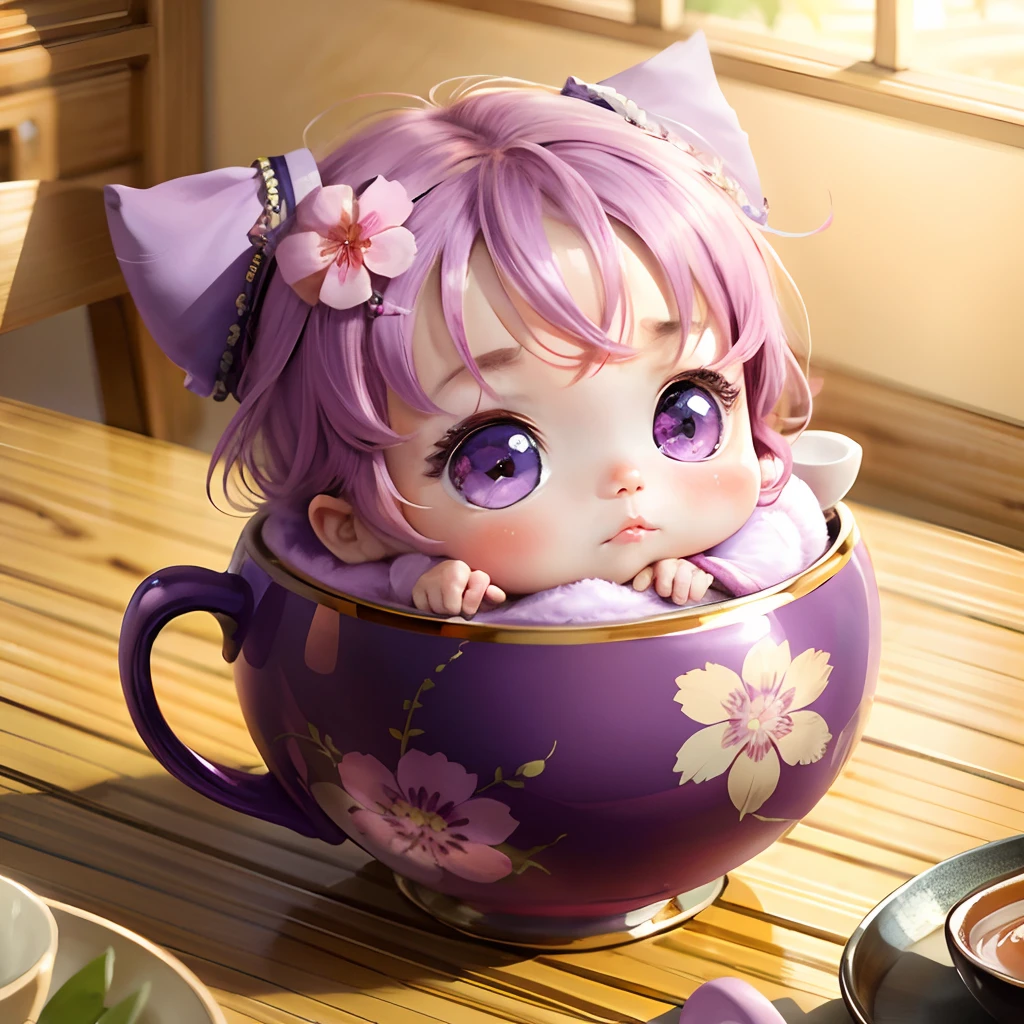 Cute  chibi anime, purple and pink kimono, sit in tea cup