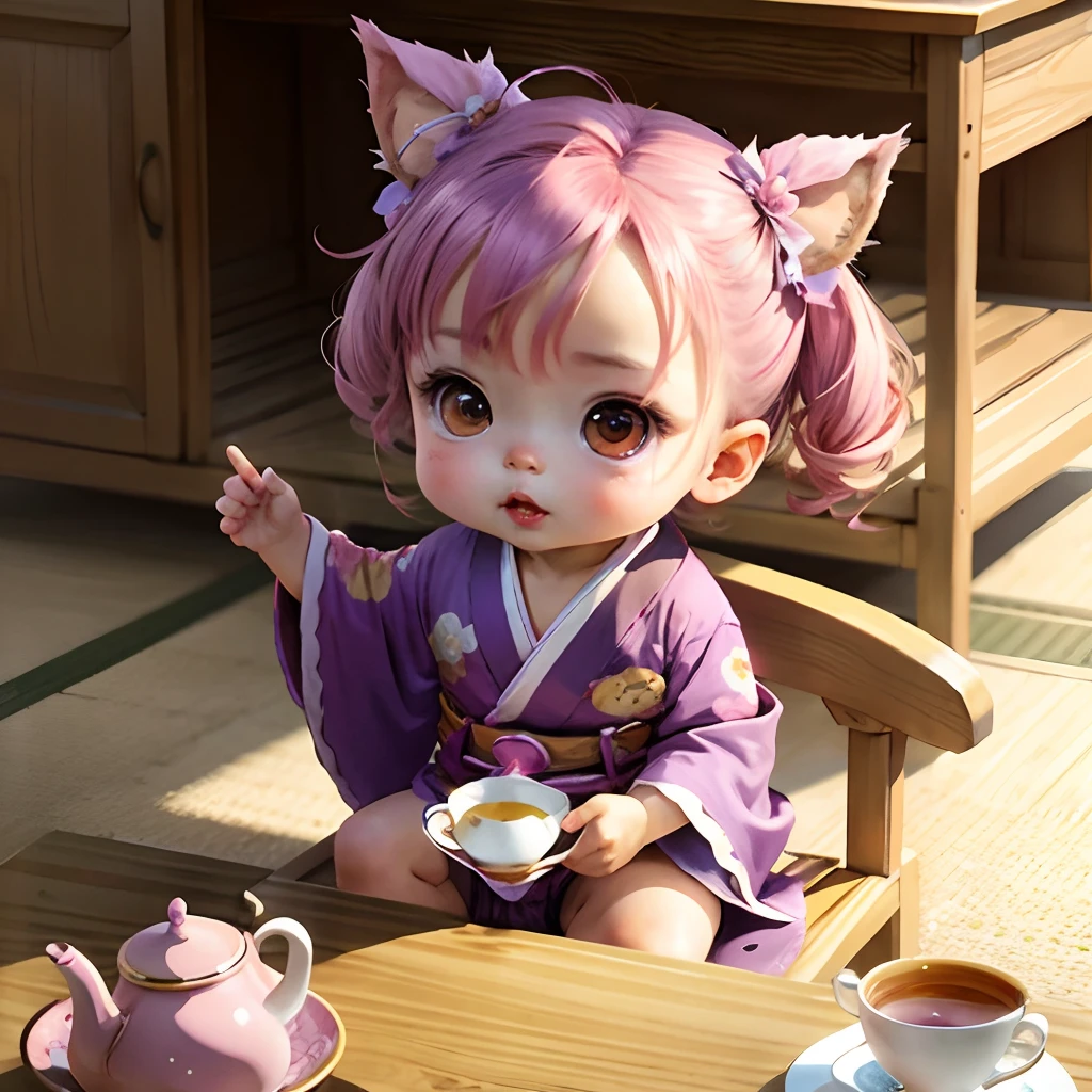 Cute baby chibi anime, purple and pink kimono, sit in tea cup