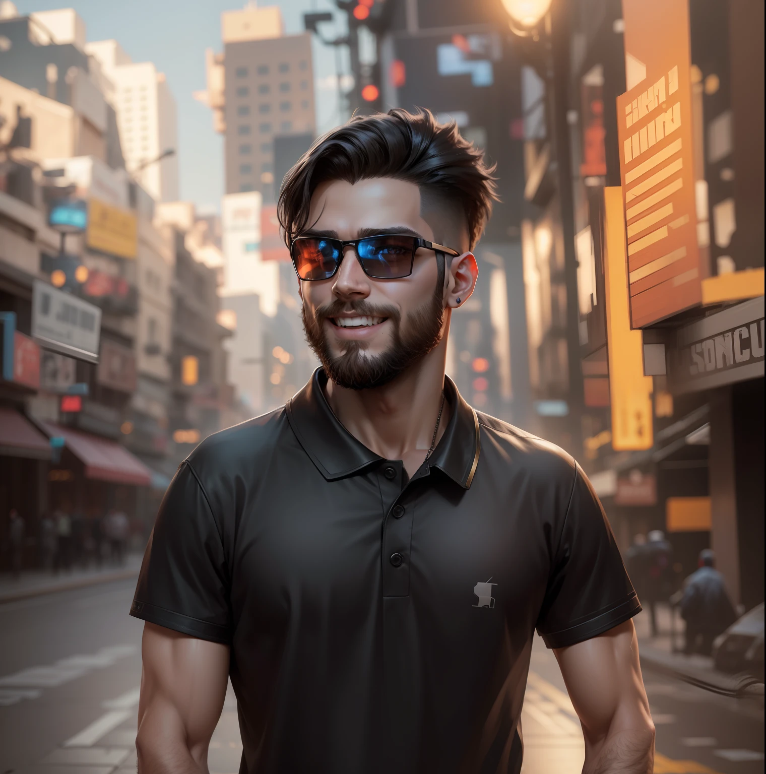 Change background cyberpunk handsome boy, realistic face, realistic smile face, realistic beard, black t-shirt, 8k, ultra realistic,
